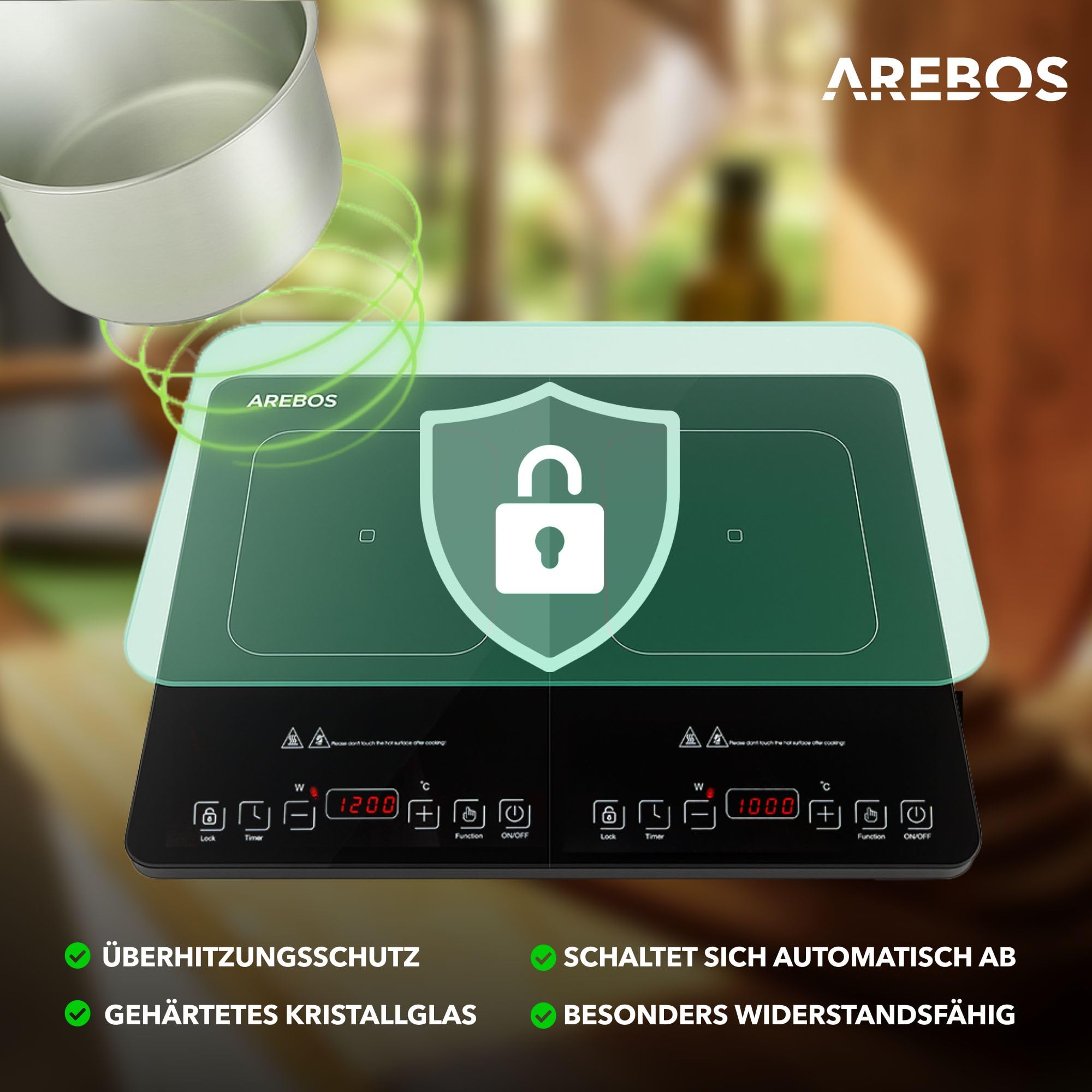 Arebos Doppel-Induktionskochplatte 3500W | 2 Kochzonen mit Touch-Display & Timer | Induktionskochfeld tragbar für Camping, Outdoor & Küche | Überhitzungsschutz | Energieeffizient