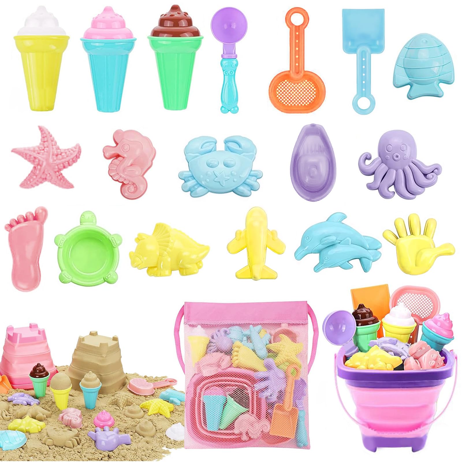 Hengrongshen Cubo y Pala Parque Bebe, 20PCS Niños Cubo Playa Bebe, Juguetes Playa Adecuado para Niños de 2A 6 Años,con Cubo de Playa Plegable, Pala, Bolsa de Almacenamiento, Molde de Animales Marinos