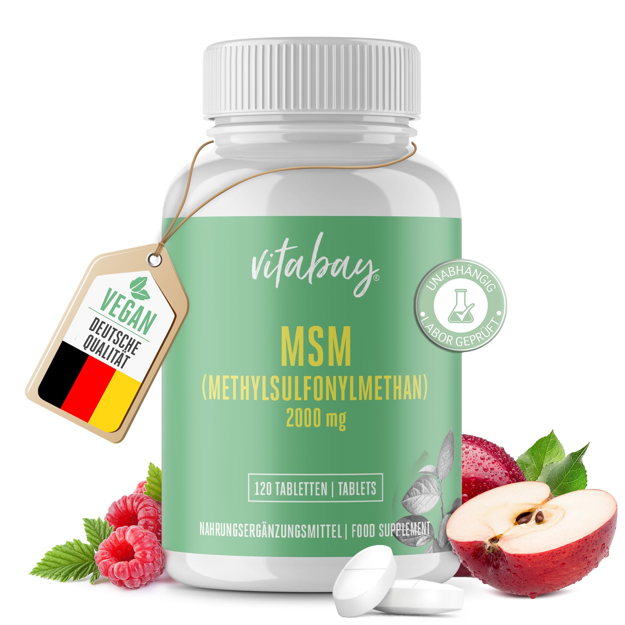 Vitabay MSM Tabletten Hochdosiert - 120 MSM Tabletten Hochdosiert VEGAN - MSM Pulver MSM 2000 pro Tagesdosis - MSM Schwefel Kapseln Hochdosiert MSN Gelenkskapseln - Pflanzliches MSM-Kapseln MSN 2000