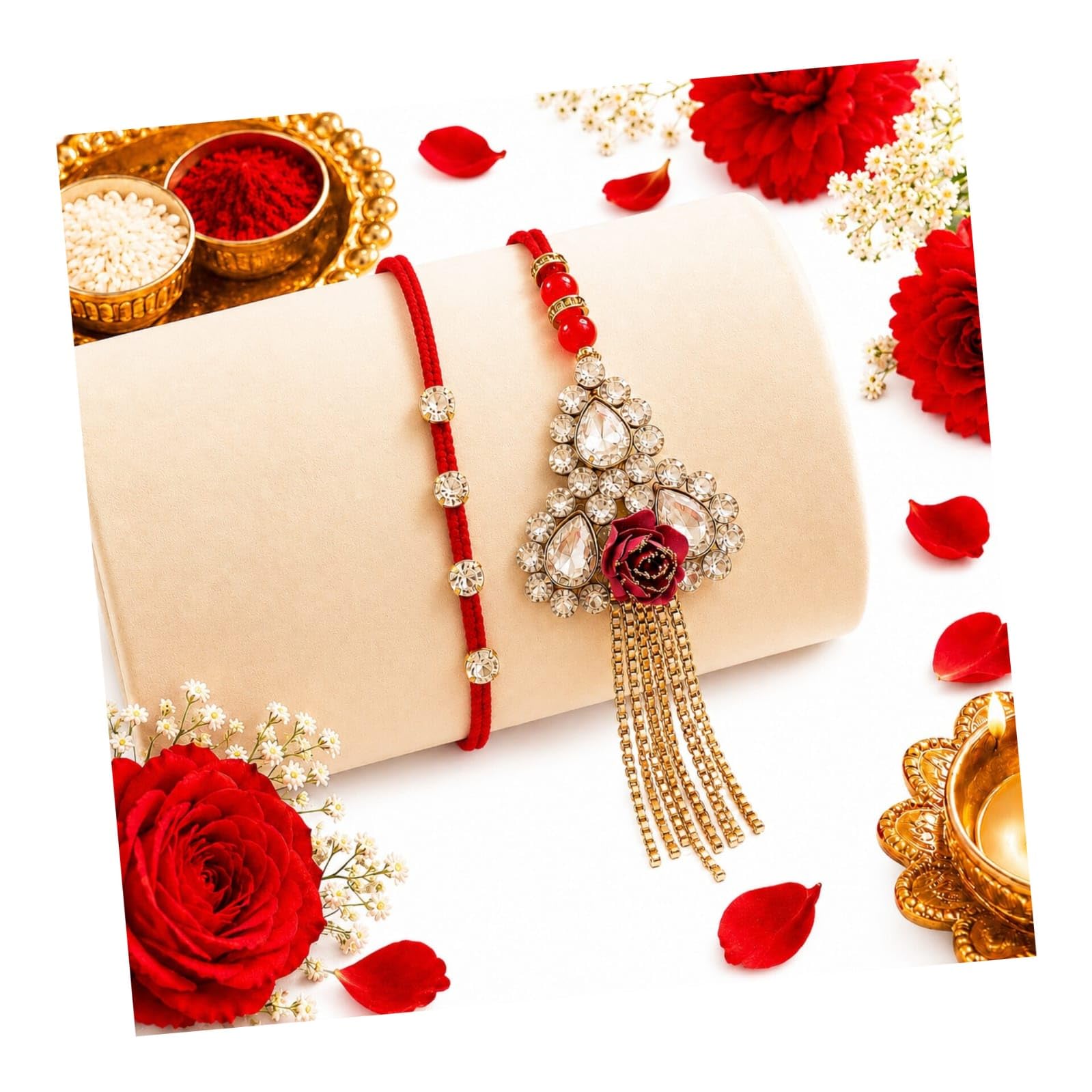 Bhaiya Bhabhi Rakhi Combo, 1 Crystal Stone Studded Thread Rakhi for Brother and 1 Matching Floral Hanging Lumba Rakhis for Sister-in-Law with Roli Chawal-image-21