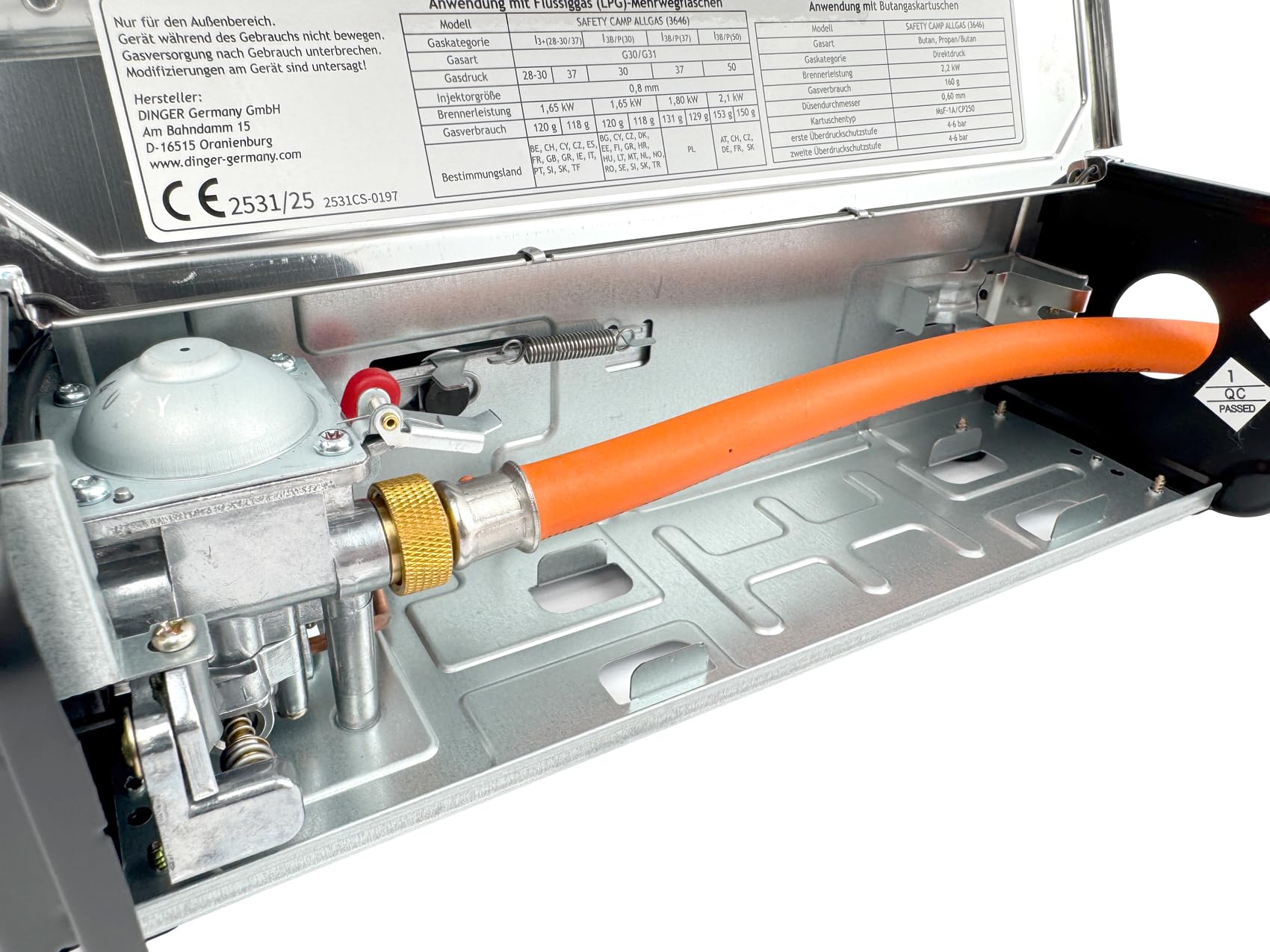 GARDINGER einflammiger Butangaskartuschenkocher Safety Camp Allgas mit Piezozündung Flammenüberwachung und Adapter-Schlauch