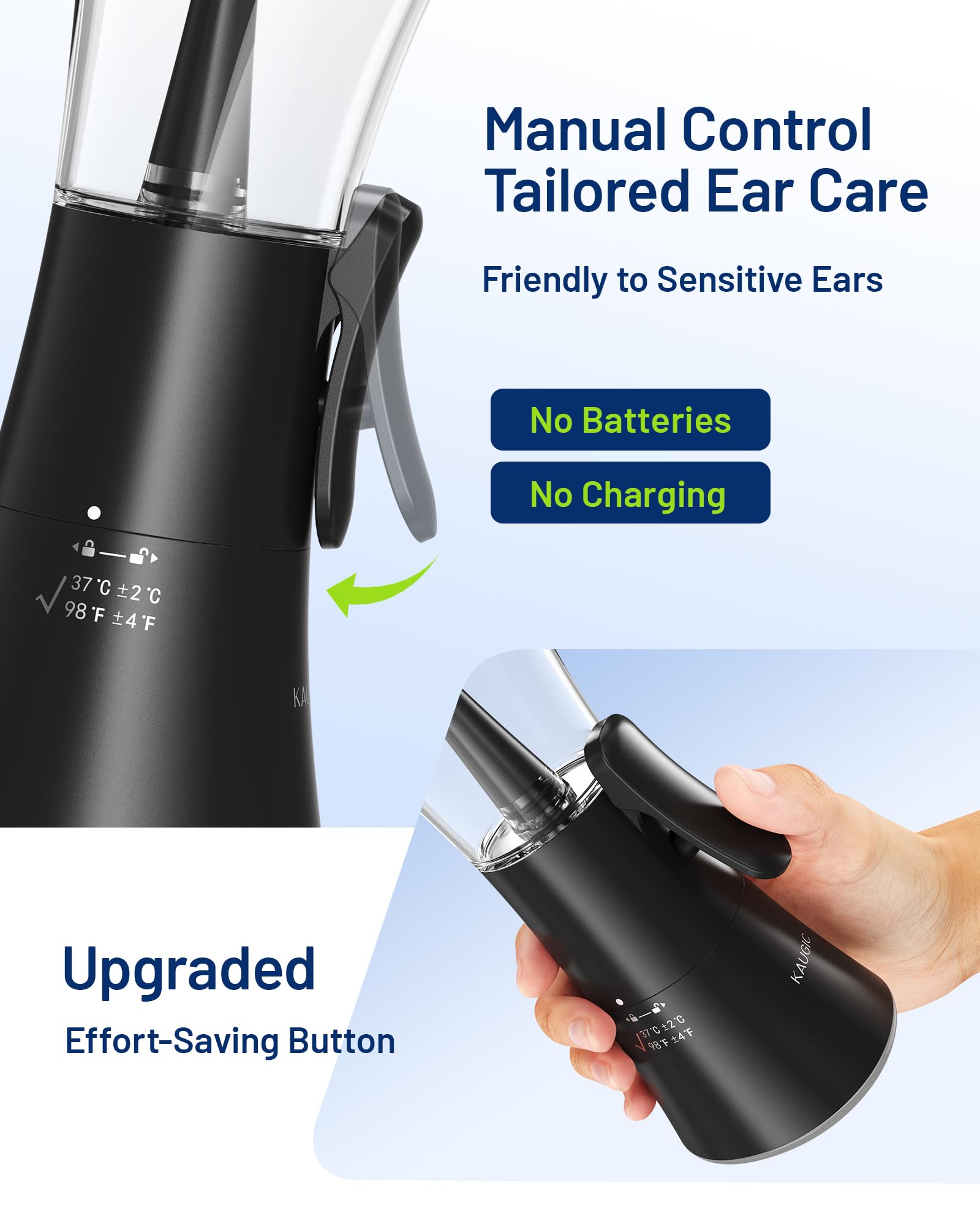 Upgraded Manual Ear Wax Removal Kit, 2-in-1 Water Tank Ear Irrigation Flushing System - Ergonomic Effort-Saving Button, One-Hand Operation, Soft Silicone Tips, Safe & Comfortable for Home Use