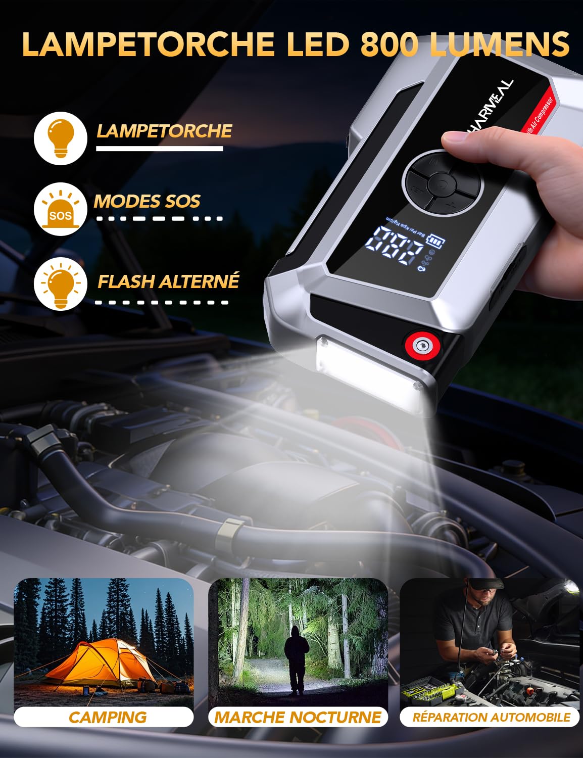 SHARMEAL 10000A Arrancador de Baterias de Coche con Compresor, 250PSI Inflador de Neumáticos, 12V, Arrancador de Coches para Vehículo (Todo Gasolina o 12L Diésel), Pantalla LCD, Luz de Emergencia