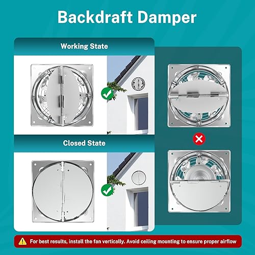 Miniatura 5 de HG Power Ventilador de escape de 8 pulgadas, ventilador de escape de cocina de acero inoxidable 576CFM, ventilador de ventilación de garaje montado