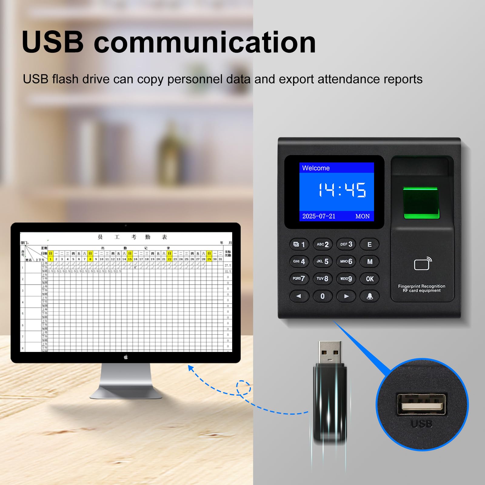 Sistemas de seguridad con máquina de asistencia de tiempo de huellas dactilares para empresa con interruptor de puerta, fuente de alimentación, 10 llaveros de identificación de 125 KHz