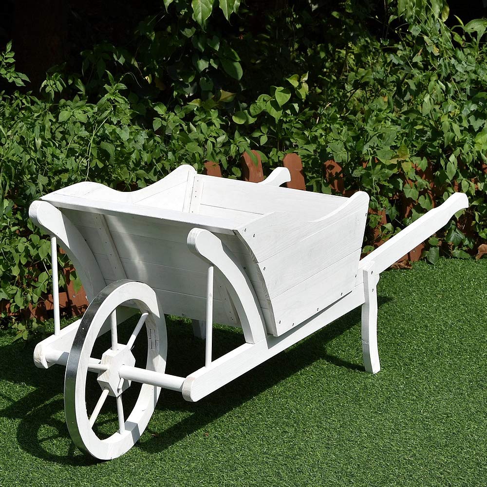 Mucola Pflanzschubkarre Blumenschubkarre Holz Deko 129x45x43 cm Weiß | und UV-beständig vorbehandelt, geräumige Ladefläche für Blumentöpfe und Kräuter, Blickfang für Terrasse und Balkon