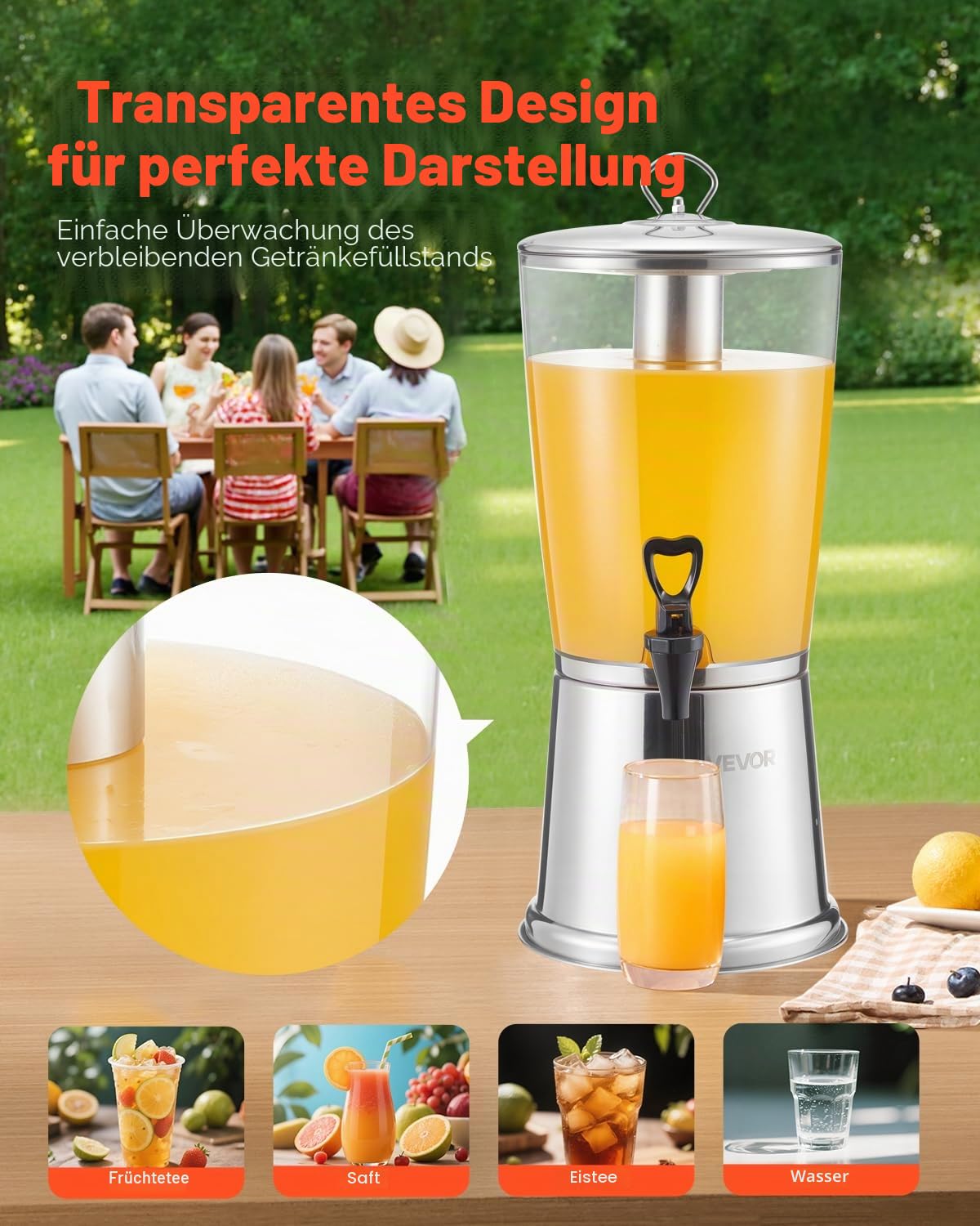 VEVOR Getränkespender (1 x 8 L) für Partys Saftspender (aus Edelstahl + Kunststoff) mit tropfsicherem Zapfhahn Wasserspender für Restaurants Partys, Limonade Eistee selbstgemachte Getränke Spender