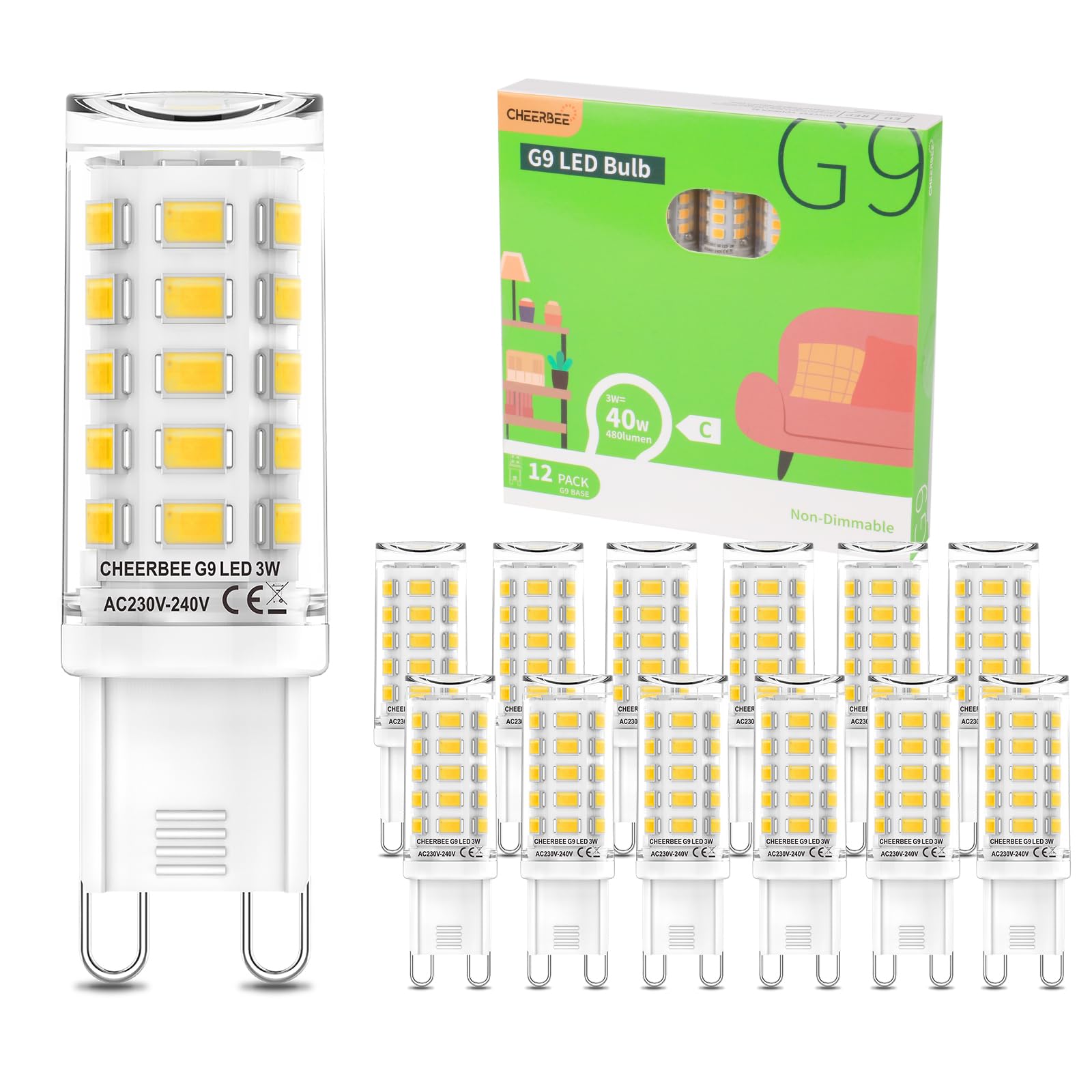 CHEERBEE G9 LED Bulbs 4000K Neutral White 3W, 480LM, 40W Halogen Equivalent, Energy Class C, Non-Dimmable, No Flicker, G9 LED Capsule Bulbs for Chandeliers, Ceiling Lights, Home Lighting 12Pack.