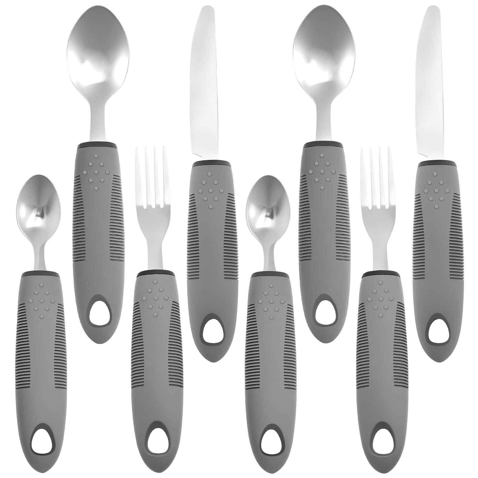 Ghshanog Grey 8Pcs Adaptive Utensil Set,Stainless Steel Cutlery, Easy Grip Handles For Arthritic Hands,Dining Aids With Knife Fork Spoon For Elderly Disabled Arthritis Parkinson Disease Tremors