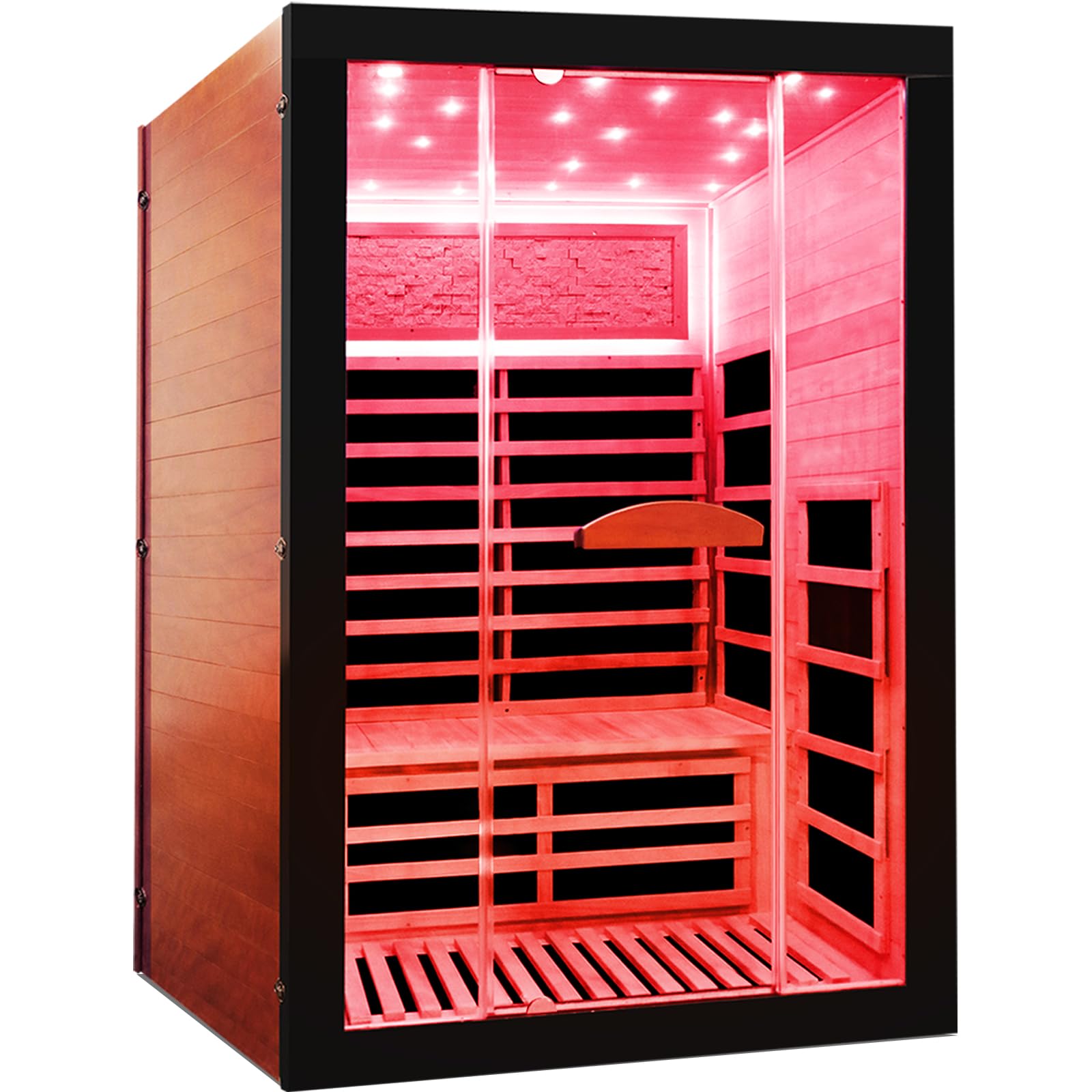 2 Person Far Infrared Home Sauna Low EMF 2000W 110V Wooden Indoor Dry Sauna with Red Light Therapy Bluetooth Speakers 47.24"x41.34"x74.8"