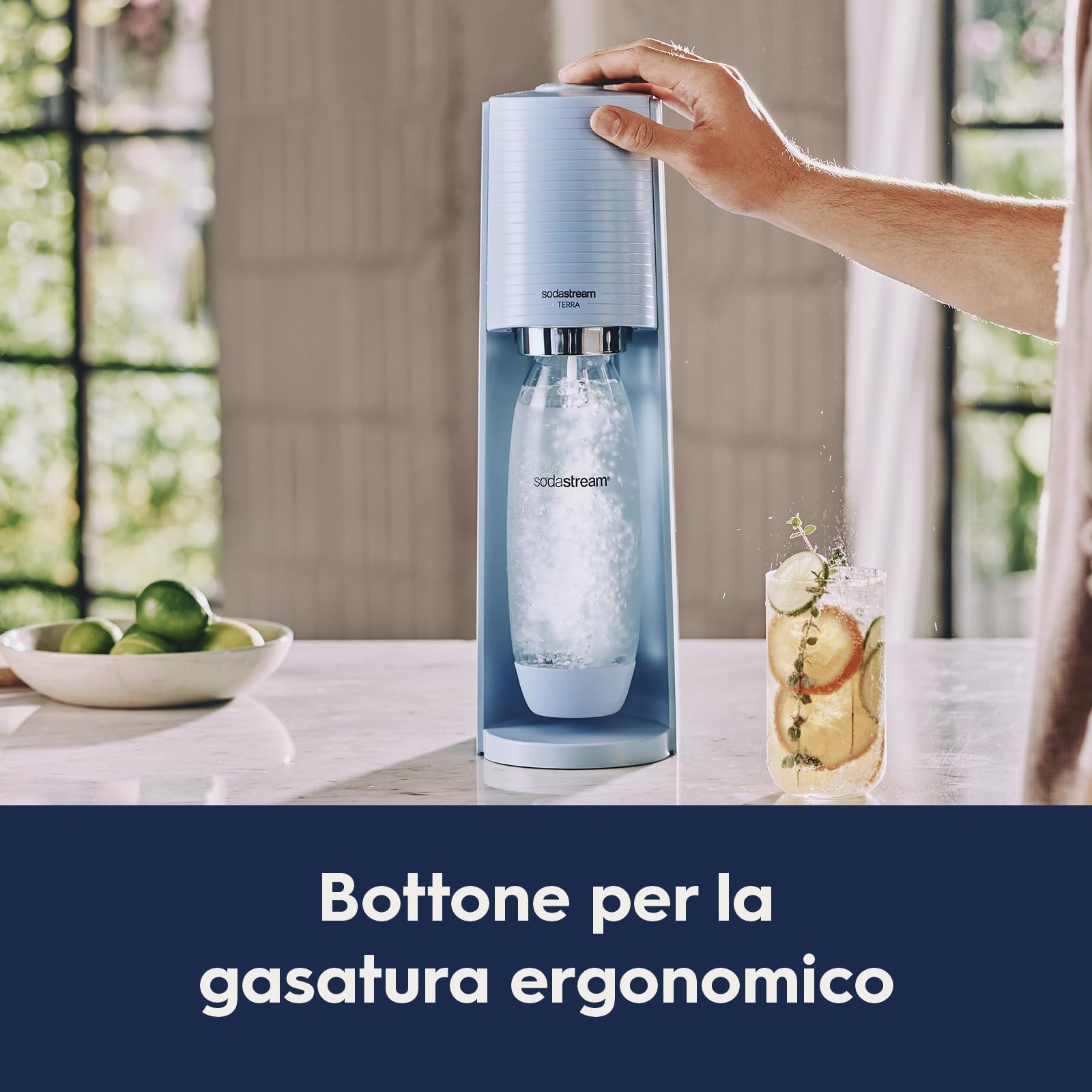 SodaStream Gasatore Terra - Macchina per acqua frizzante, con cilindro CO2 incluso e bottiglia lavabile in lavastoviglie, colore: Azzurro
