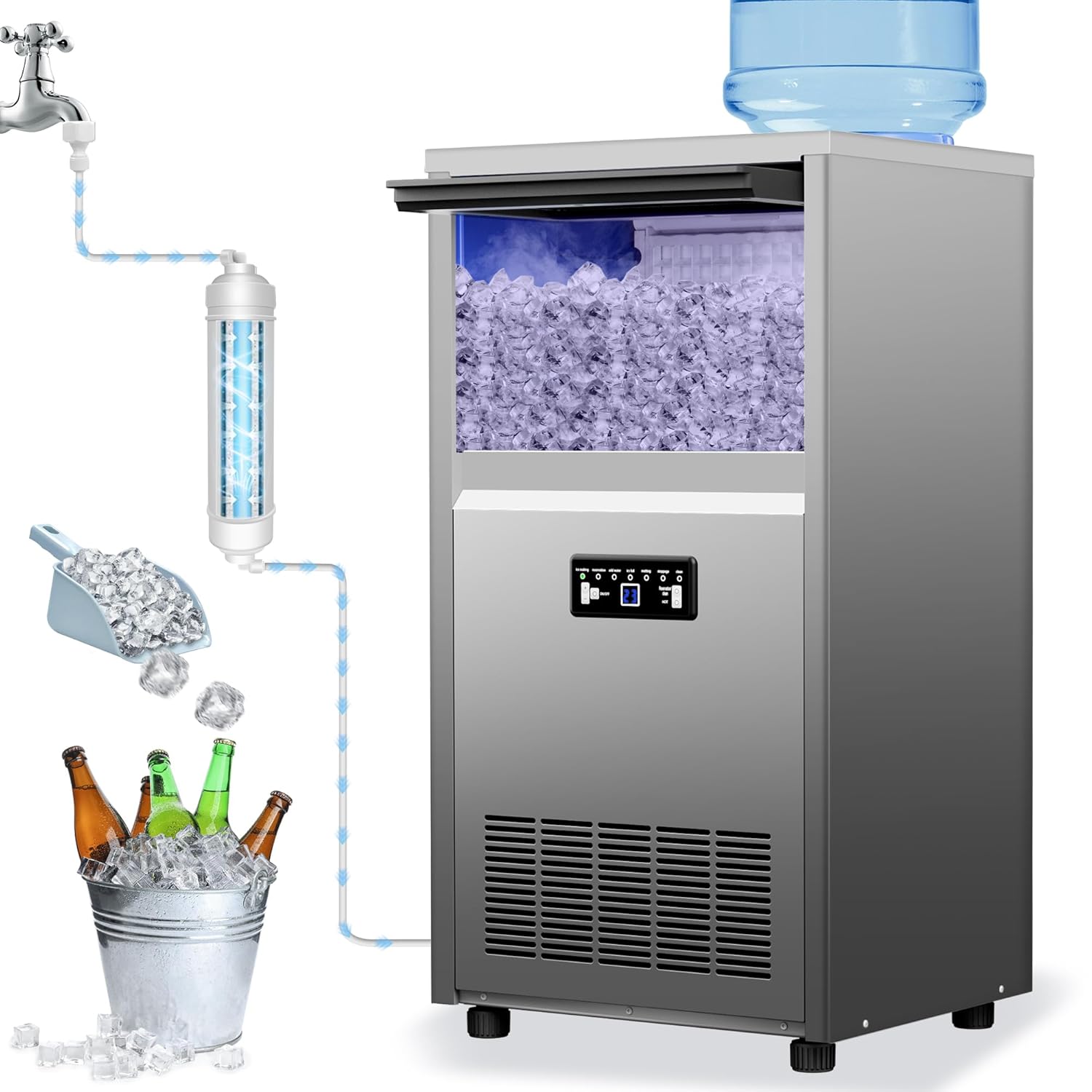 Commercial Ice Maker Machine 150lbs/24H with 30lbs Storage, Stainless Steel Undercounter Ice Machine 50Ice Cubes/Cycle,2 Water Inlet Modes Self-Cleaning for Homes Restaurants Bars