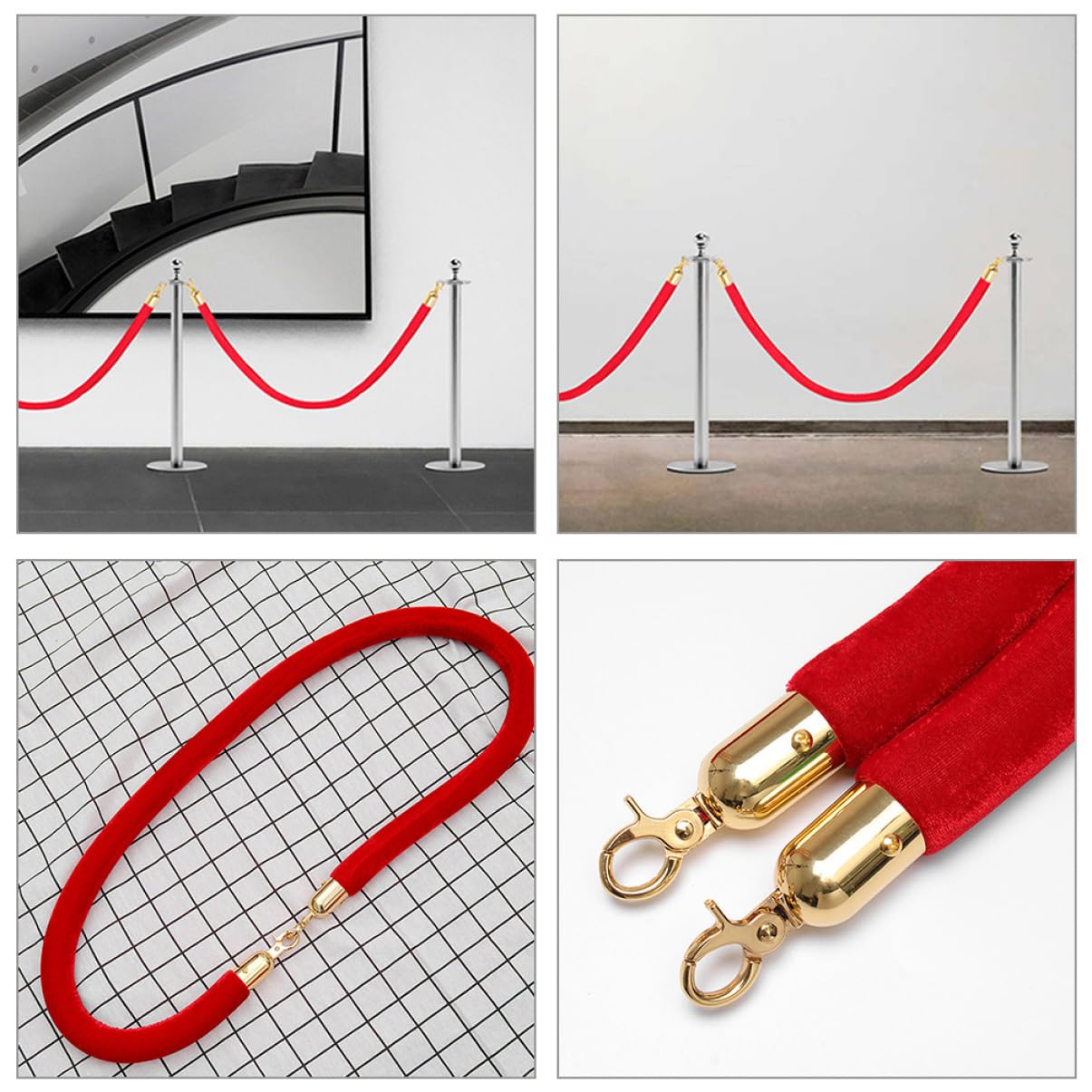 ORFOFE 12 piezas Tapa Final de Cuerda de Inoxidable con Mosquetón Conectores de Cuerda para Barandillas y Stanchions de Plateadas Doradas Accesorios para Eventos y Centros Comerciales