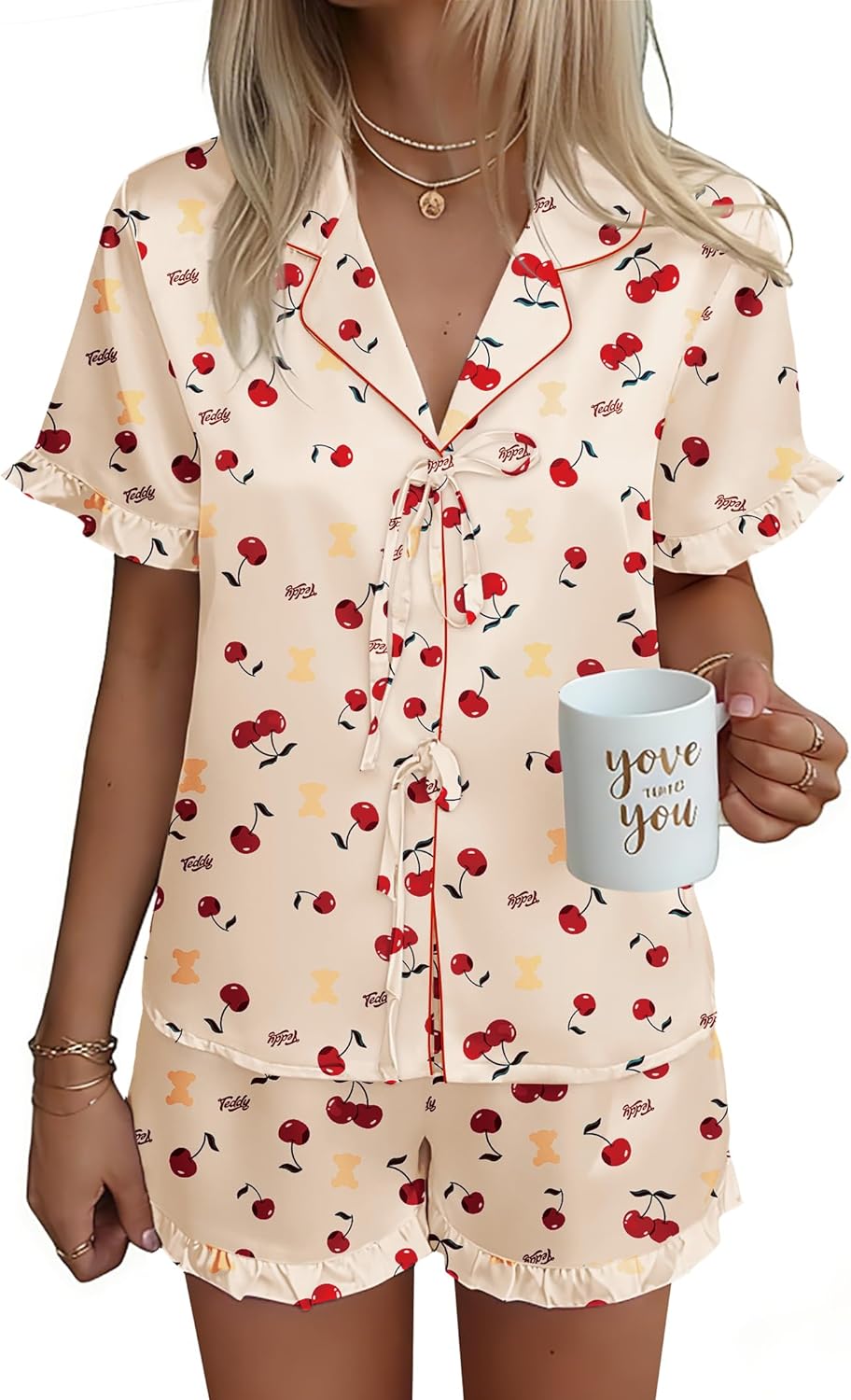 Ekouaer Satin Pajama for Women Short Sleeve Silky Pj Short Set Bow Front Tie Up Loungewear Sleepwear