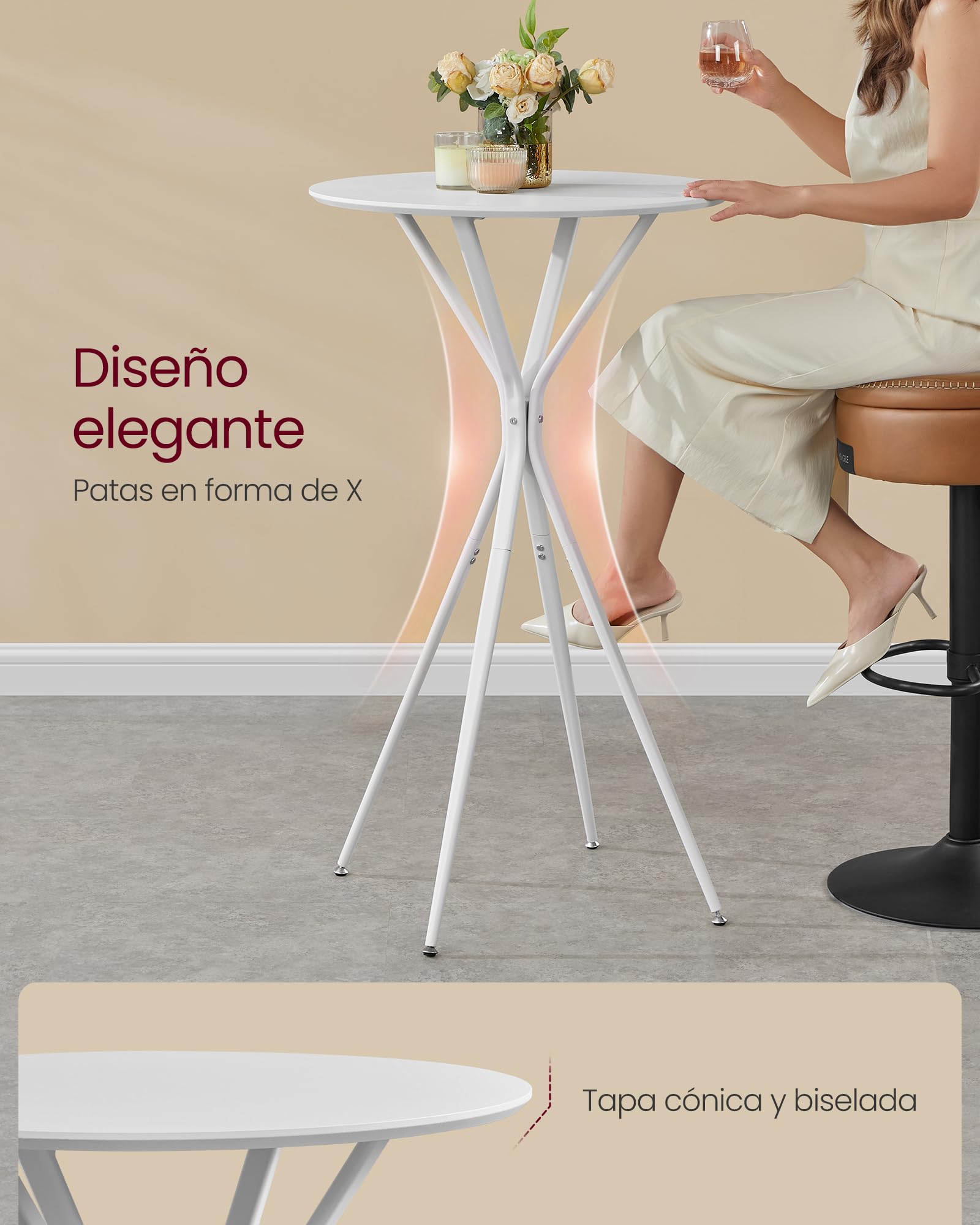 VASAGLE Mesa de Bar, Mesa Baja, Redonda, Alta, Estructura Metálica, 60 x 60 x 105 cm, para Cocina, Sala de Estar, Estilo Moderno, Fácil Montaje, Blanco Nube y Blanco Mate LBT024W01