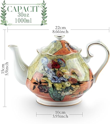 Miniatura 2 de Tetera de 30 oz de Van Gogh Pinturas de porcelana china hueso Tetera de té suelto Diseño floral Vintage Tetera de cerámica estilo europeo para café