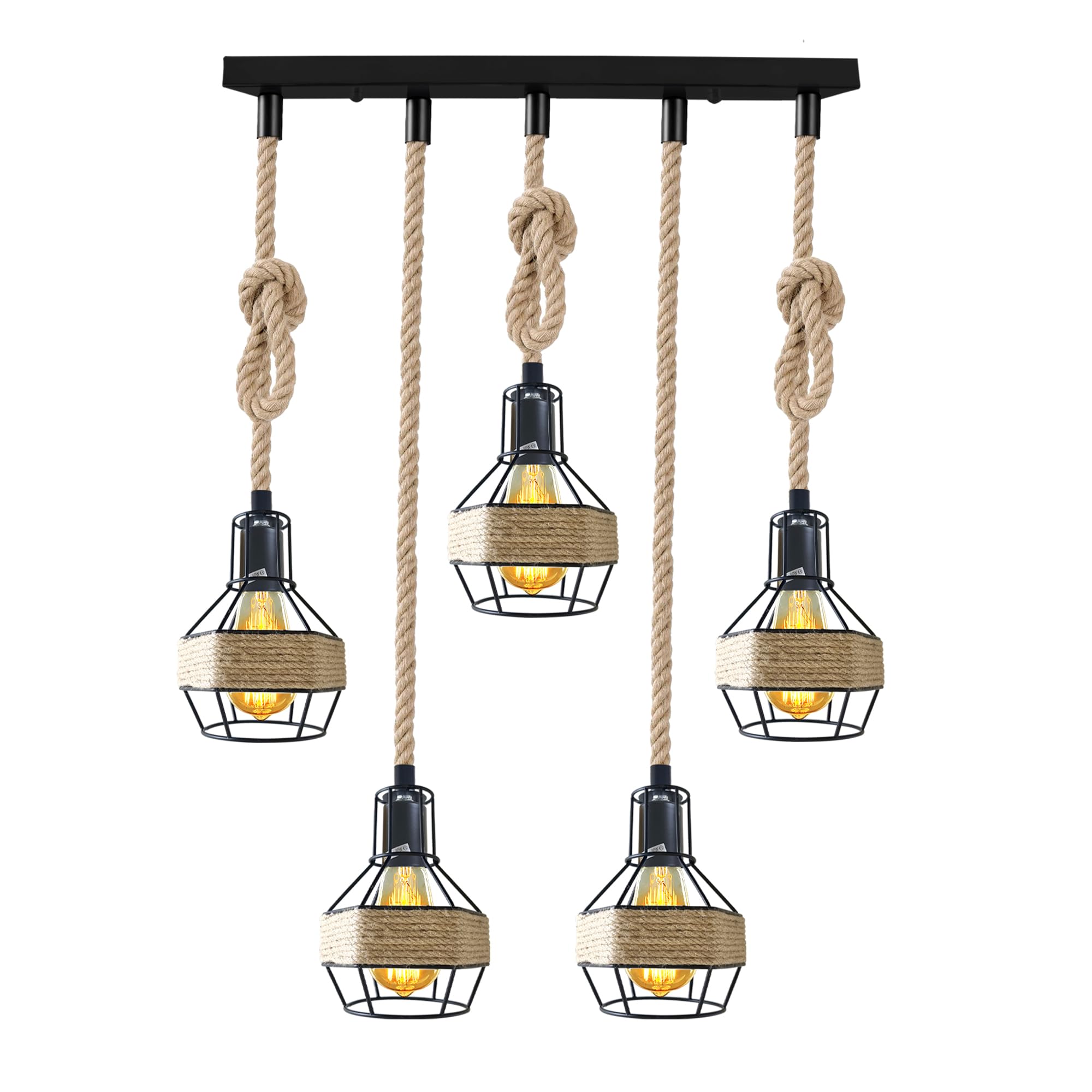 DC VOLTAGE Industrial Hemp Rope Ceiling Pendant Light Adjustable Metal Cage Hanging Chandelier Light E27 Hanging Pendant Light Fixture Lamp for Kitchen Island Living Room Dining Room Bar. (with Bulb)