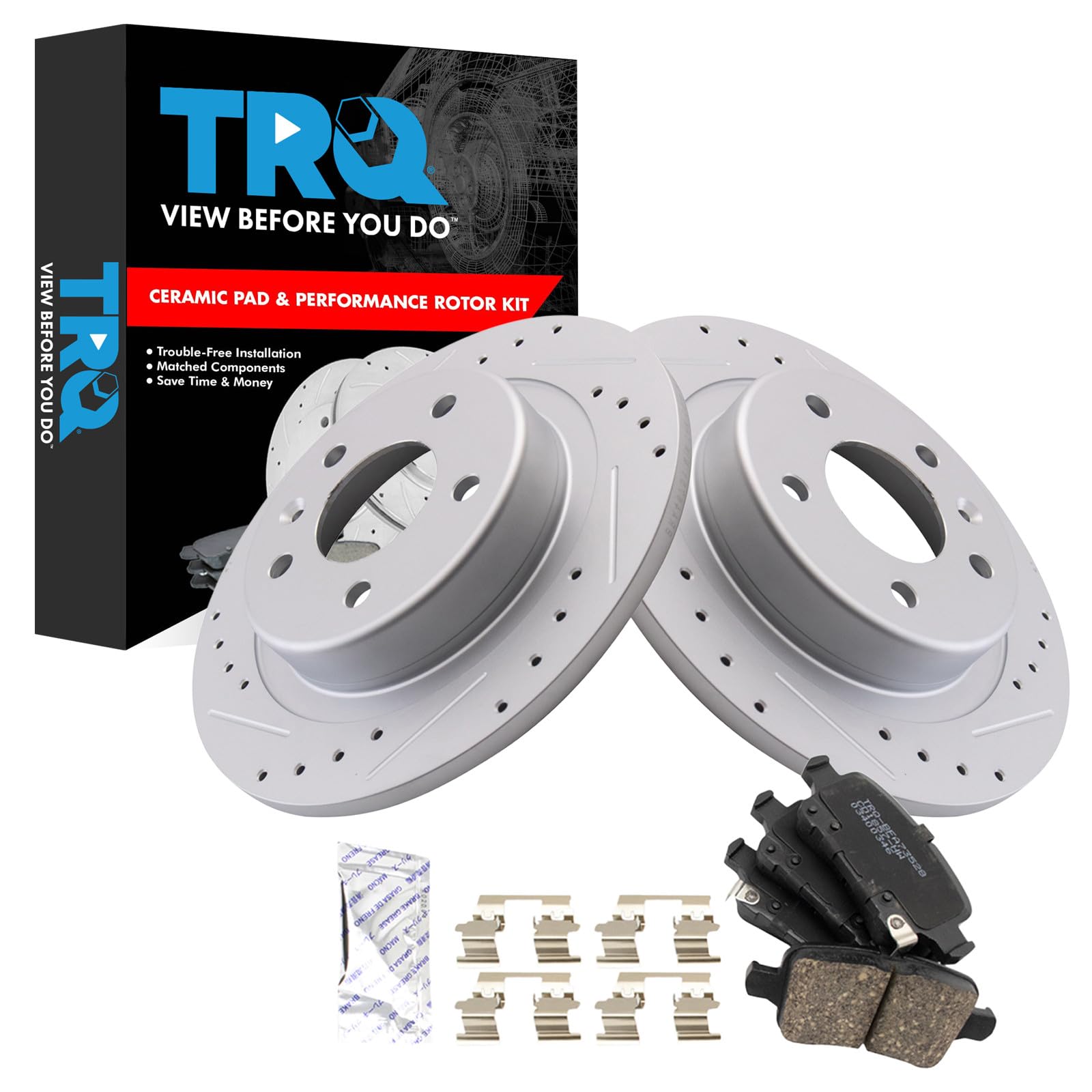 TRQ Performance Rear Brake Pad and Rotor Set Ceramic Coated Drilled Slotted Compatible with 2018 Buick Regal Sportback Regal TourX Chevrolet Equinox GMC Terrain