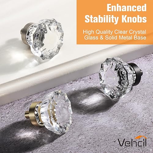 Miniatura 9 de Pomos de cristal para gabinete, paquete de 8 pomos dorados para cajones, pomos de tocador vintage de latón de un solo agujero para cocina, armario,