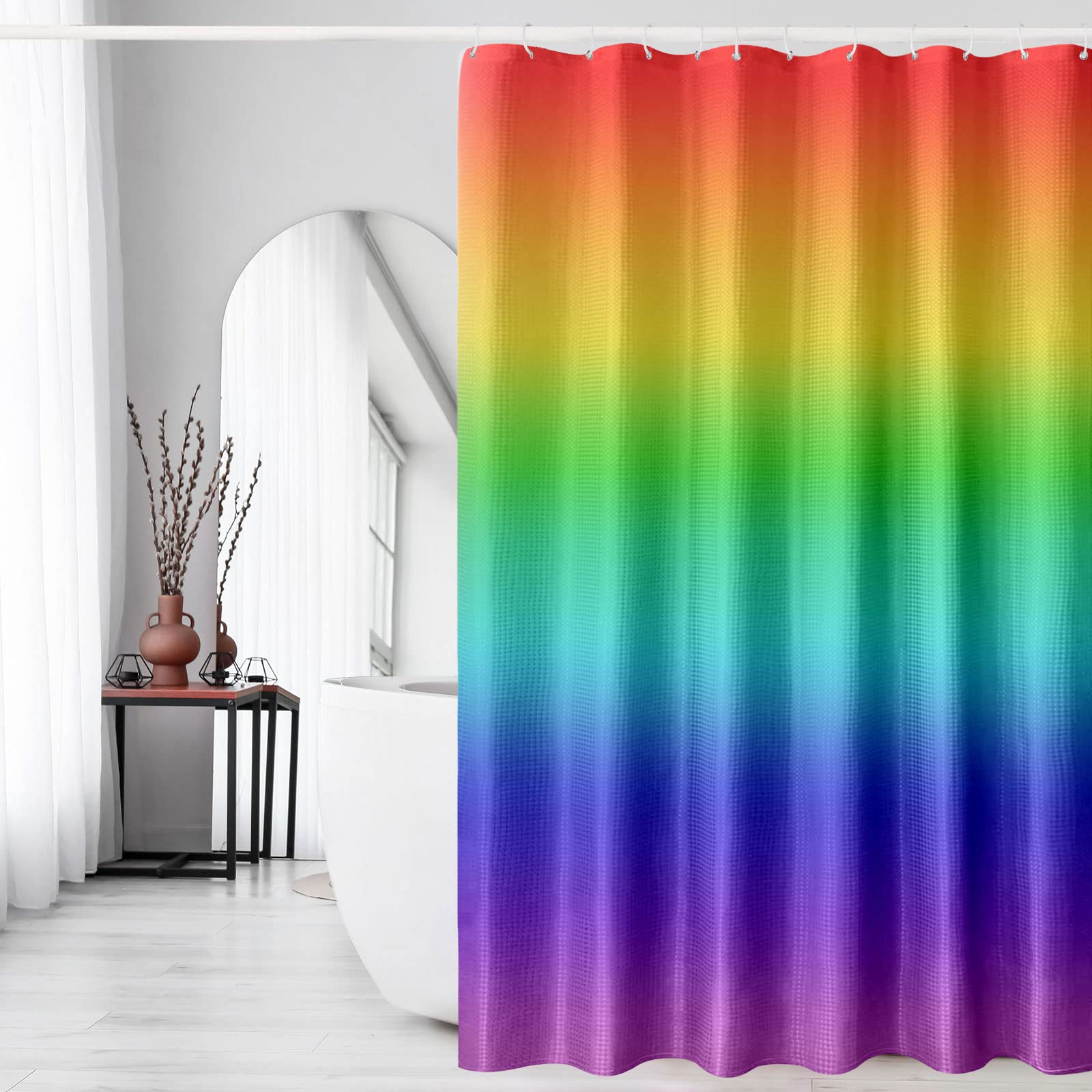 Gibelle Colorful Rainbow Shower Curtain, Waffle Weave Fabric Ombre Bathroom Shower Curtain Set with Hooks, Water Repellent and Machine Washable, 60 x 72 โ image 1
