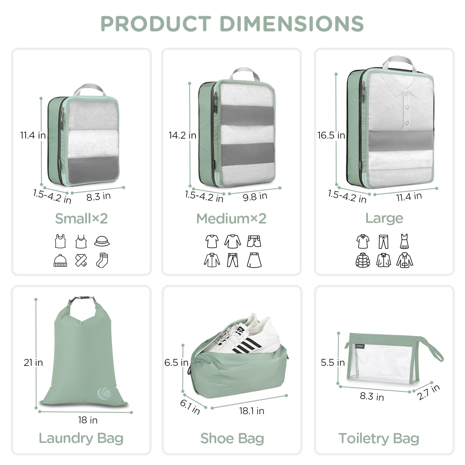 Cipway Rangement Organiseurs de Bagage,Organisateur Valise en Maille Légers pour les Sacs à Dos,Voyages,Stockage à Domicile（Vert sauge，8Pièces）