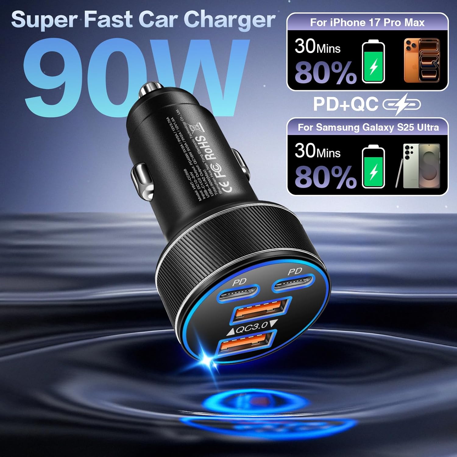 5 Pack USB C Car Charger, Multi Port 90W Super Fast Charging Cigarette Lighter Adapter, 4-in-1 Dual USB-C & USB-A Car Phone Power Adapter for iPhone 17/16/15/Pro Max, iPad, Samsung Galaxy S25