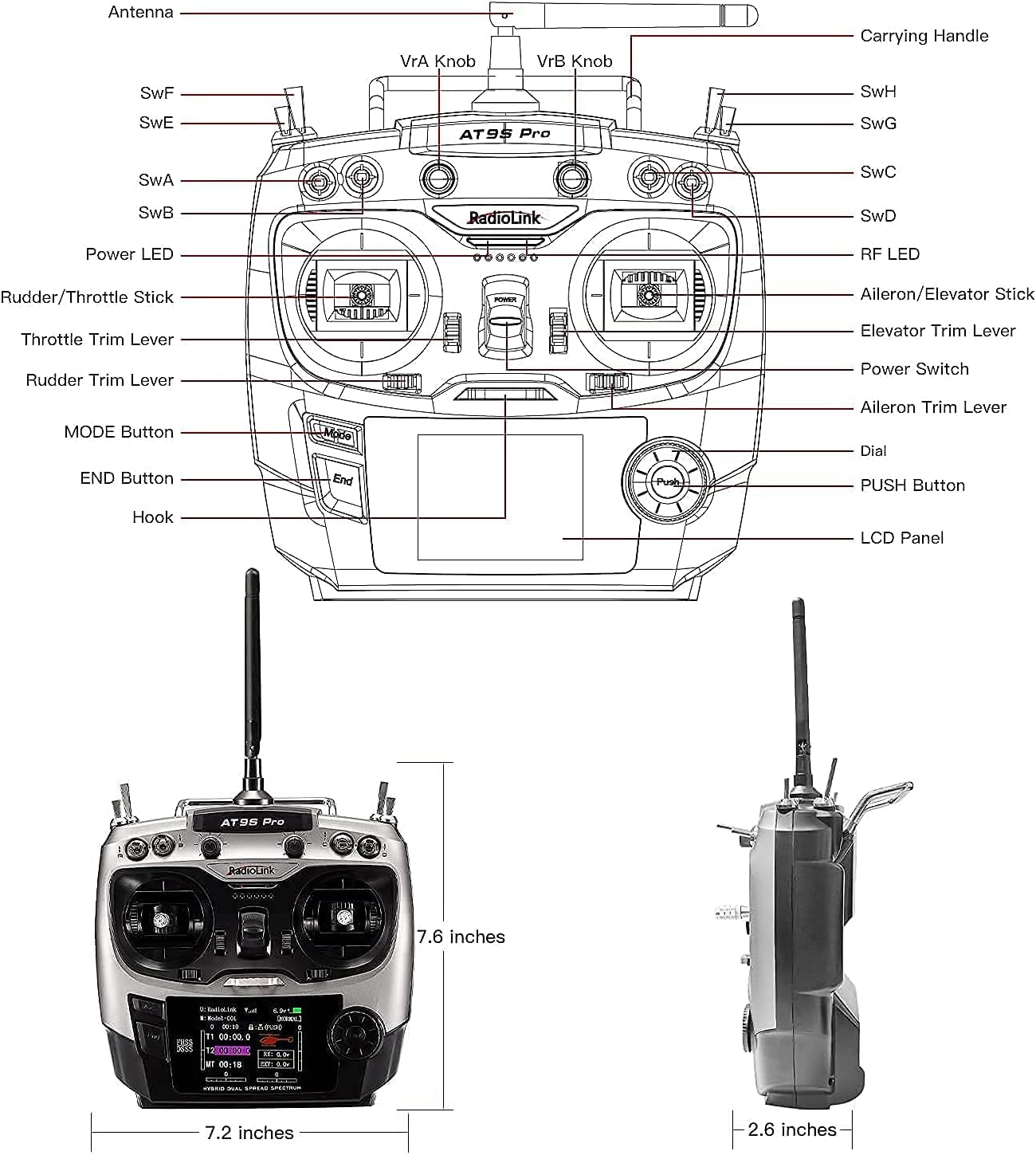 Radiolink AT9S Pro 10/12 Channels 2.4G RC Radio Transmitter and Receiver R9DS with PRM-01 Real-time Airplane Battery Monitor Telemetry Module, (Mode 2 Left Hand) : Toys & Games