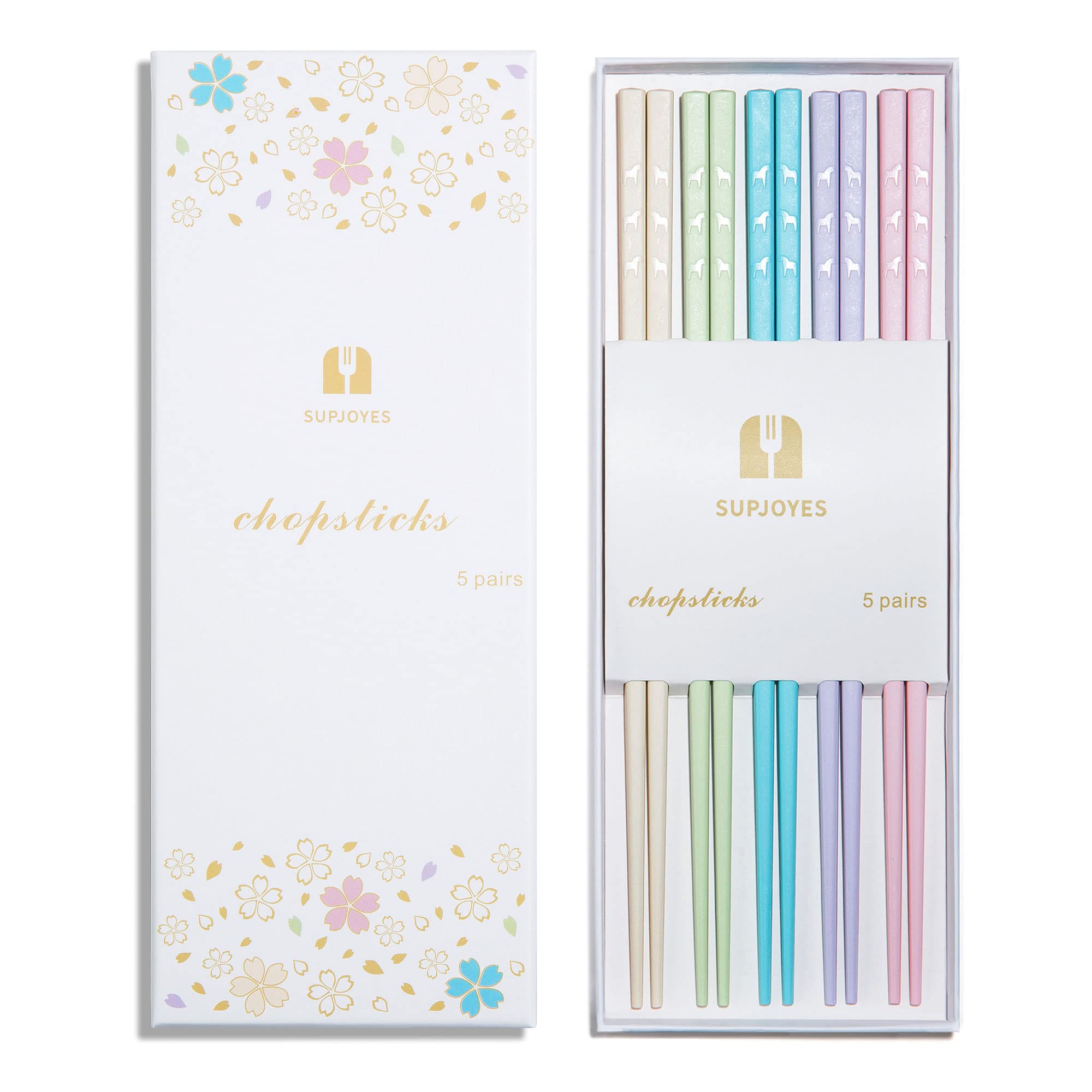 SUPJOYES Reusable Chopsticks, 5 Pairs Fiberglass Chopsticks, Multicolors Dishwasher Safe Chop Sticks, 9 1/2 Inch