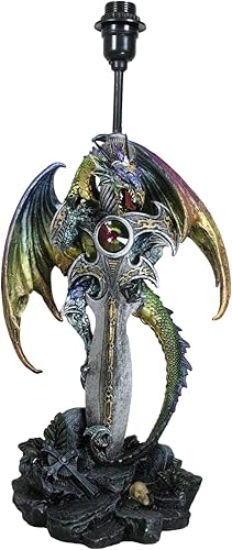 Miniatura 2 de Ebros Gift Dragón verde metálico con rayas doradas que agarran la espada Excalibur con cristal en el cementerio, lámpara de escritorio escultórica,