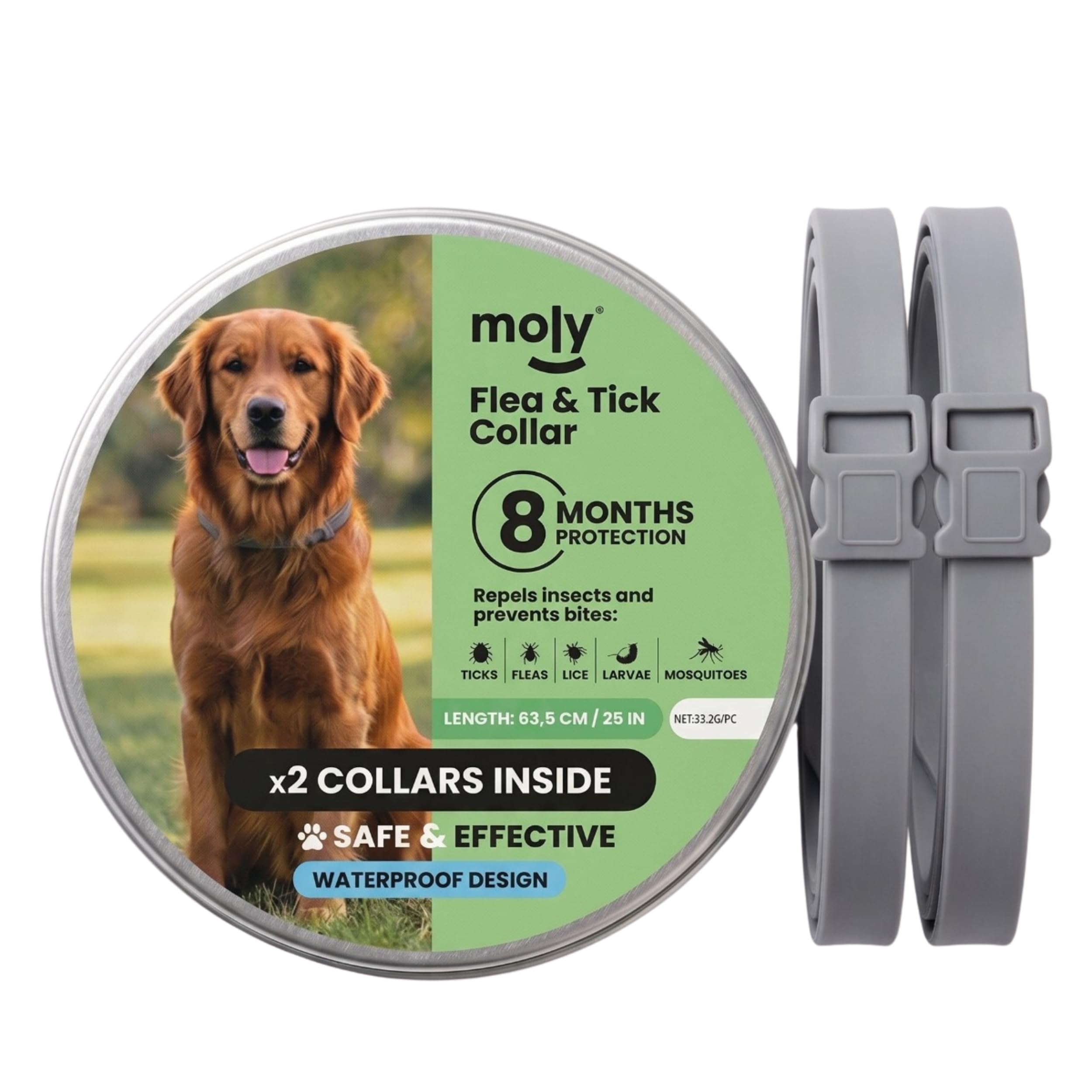 MOLY X2 Flea and Tick Collar for Medium and Large Dogs 63.5 cm | Anti-Parasitic Collars Pack | Protection 8 Months Fleas, Ticks, Lice, Larvae and Mosquitoes | Water Resistant