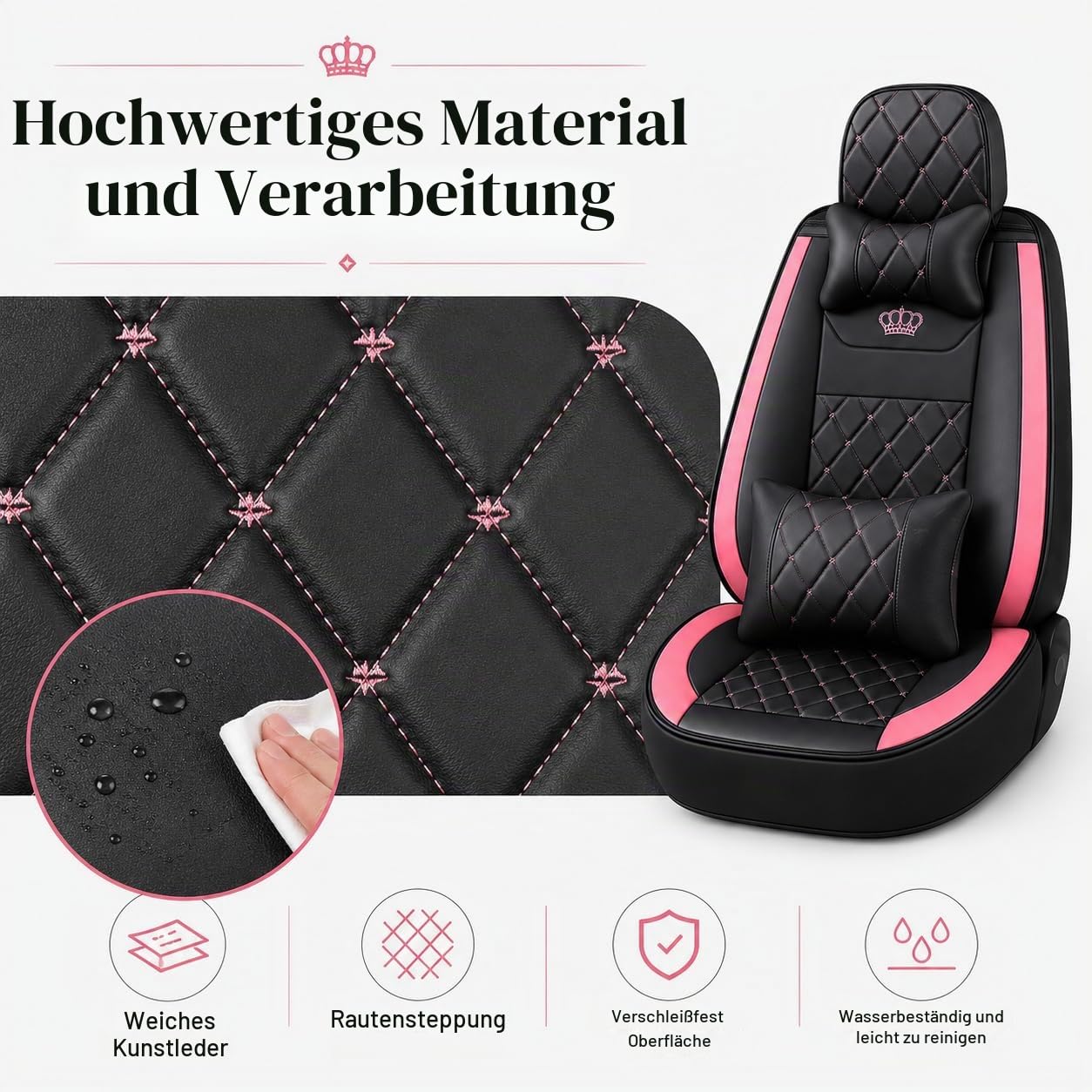 Komplettset Autositzbezüge aus atmungsaktivem Kunstleder Für Vorder- und Rücksitze inkl. Kopfstützen - reduziert Fahrermüdigkeit - passend für die meisten Pkw (Pink + schwarz, Vorder- & Rücksitze)