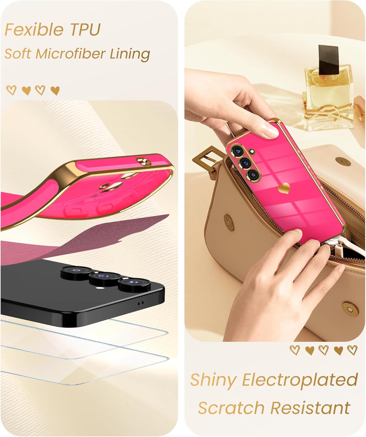 Dretal for Samsung Galaxy S25+ Plus 5G Case with Screen Protector, Women Girl Cute Girly Love-Heart Luxury Gold Soft Camera Protection Bumper Shockproof Phone Case for Galaxy S25+(Hot Pink) - Image 4