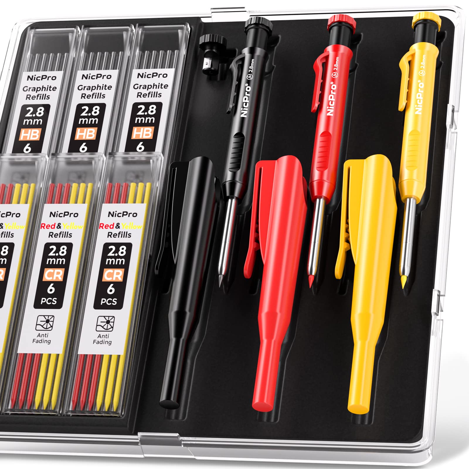 Nicpro 3 Piezas Lápices de Carpintero con Sacapuntas y Tapa, Lápices Mecánico con 39 Recambios (Rojo, Negro, Amarillo), Marcador De Agujeros Profundos Para Construcción, Dibujo con Estuche