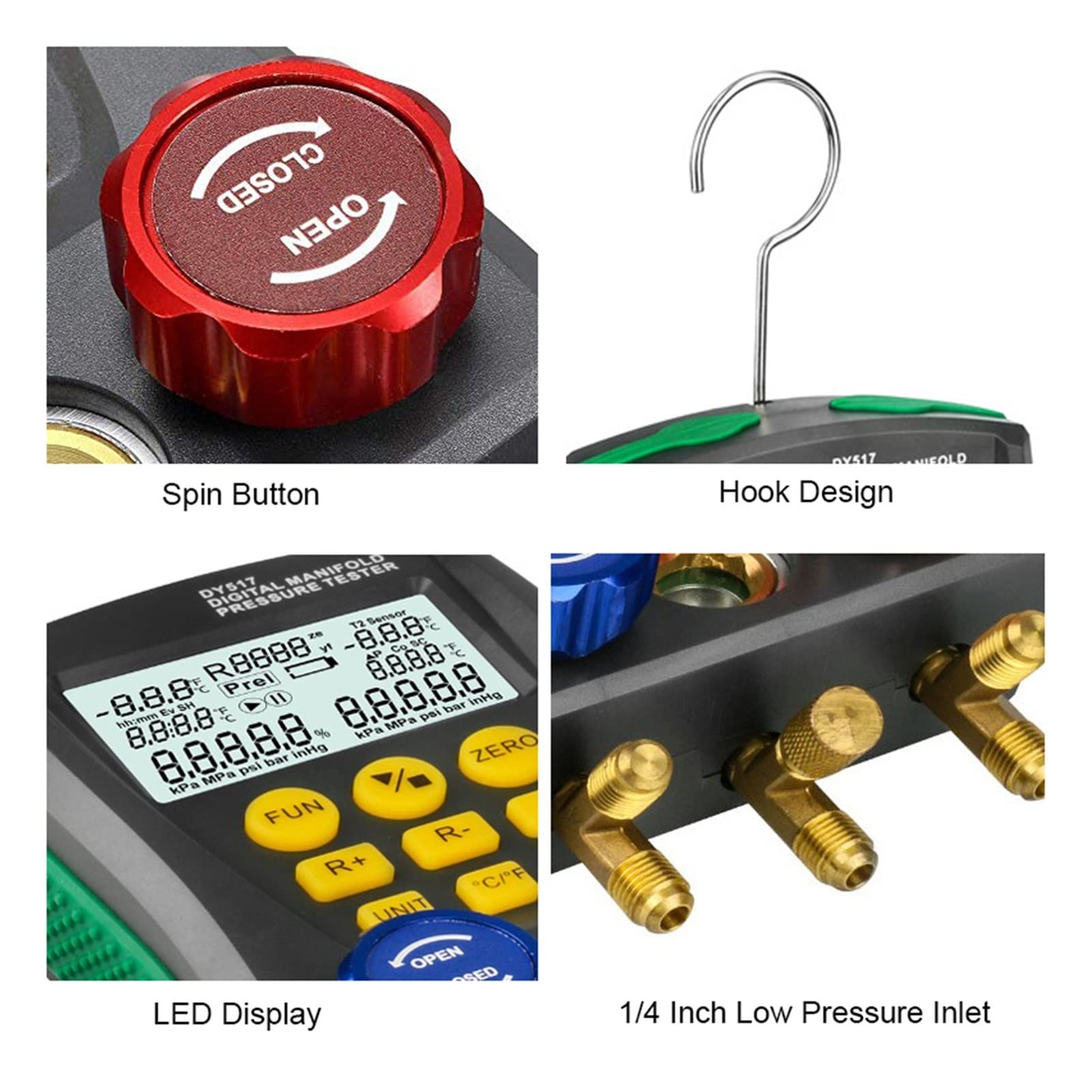 Cyfrowy miernik kolektora, Digital Pressure Gauge Refrigeration Vacuum Manifold Tester Meter Hvac. Temperature For Car Repair(DY517A)