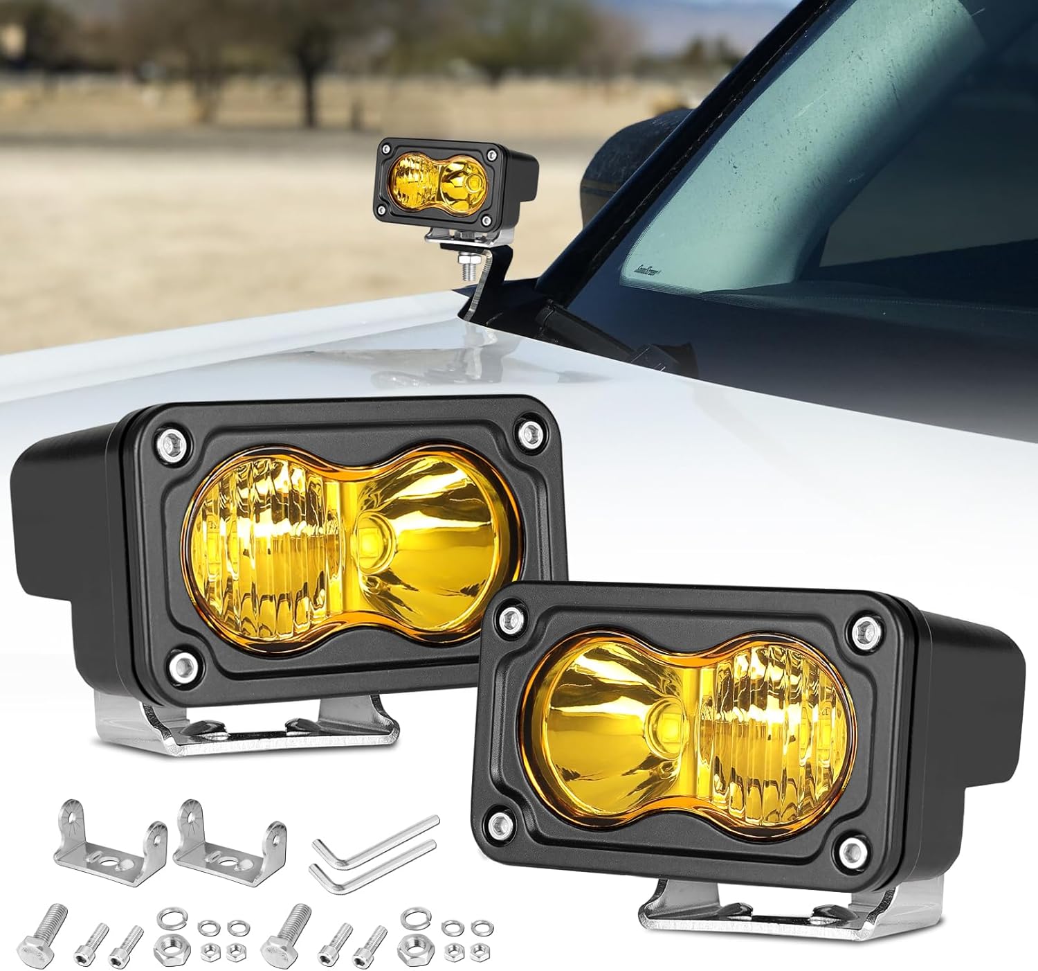 Yellow LED Pods Lights, Rfroad Lighting 3 Inch 40W Ditch Lights Off Road Light Spot Flood Combo Fog Light Driving LED Cubes 2 Packs for Truck Surron Motorcycle UTV ATV Dirt Bike Tractor