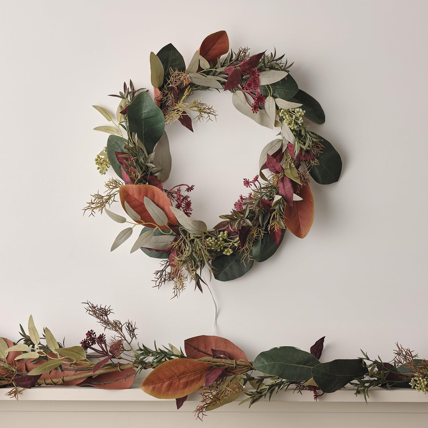 Lights4fun Artificial Autumn Winter Wreath and Garland Set with Faux Eucalyptus Leaves