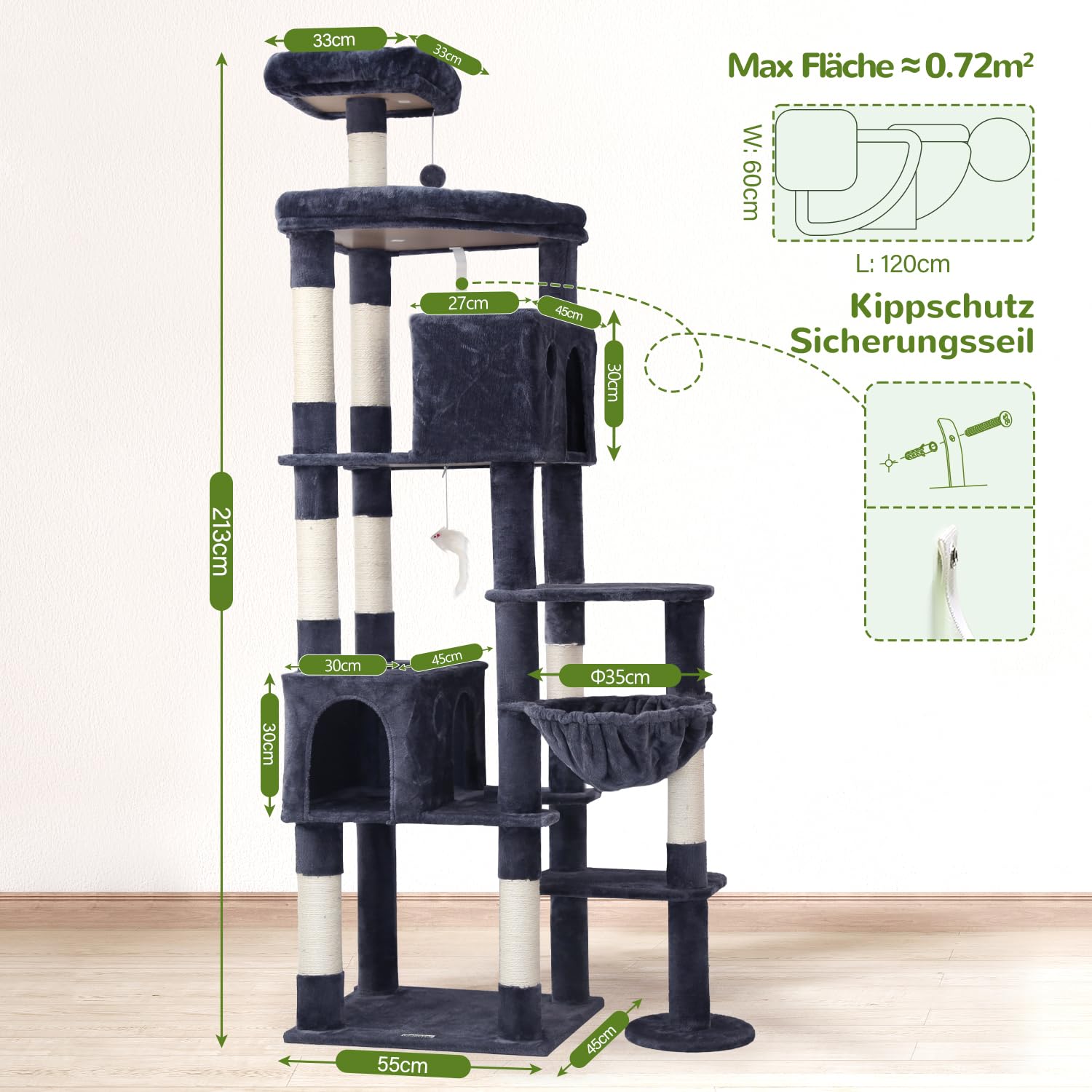 Globlazer Kratzbaum XXL für Große Katzen 213 cm Stabil katzenbaum Innen F83 | Extra großer, mehrstöckiger, Stabiler katzenbaum Über 2 Meter mit großen Liegebereich Katzenhaus für mehrere große Katzen