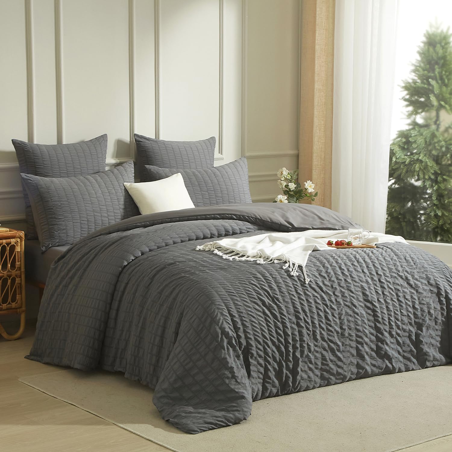 Housse de couette 240x260 gris foncé seersucker avec 2 taies d'oreiller pour lit 2 personnes adulte