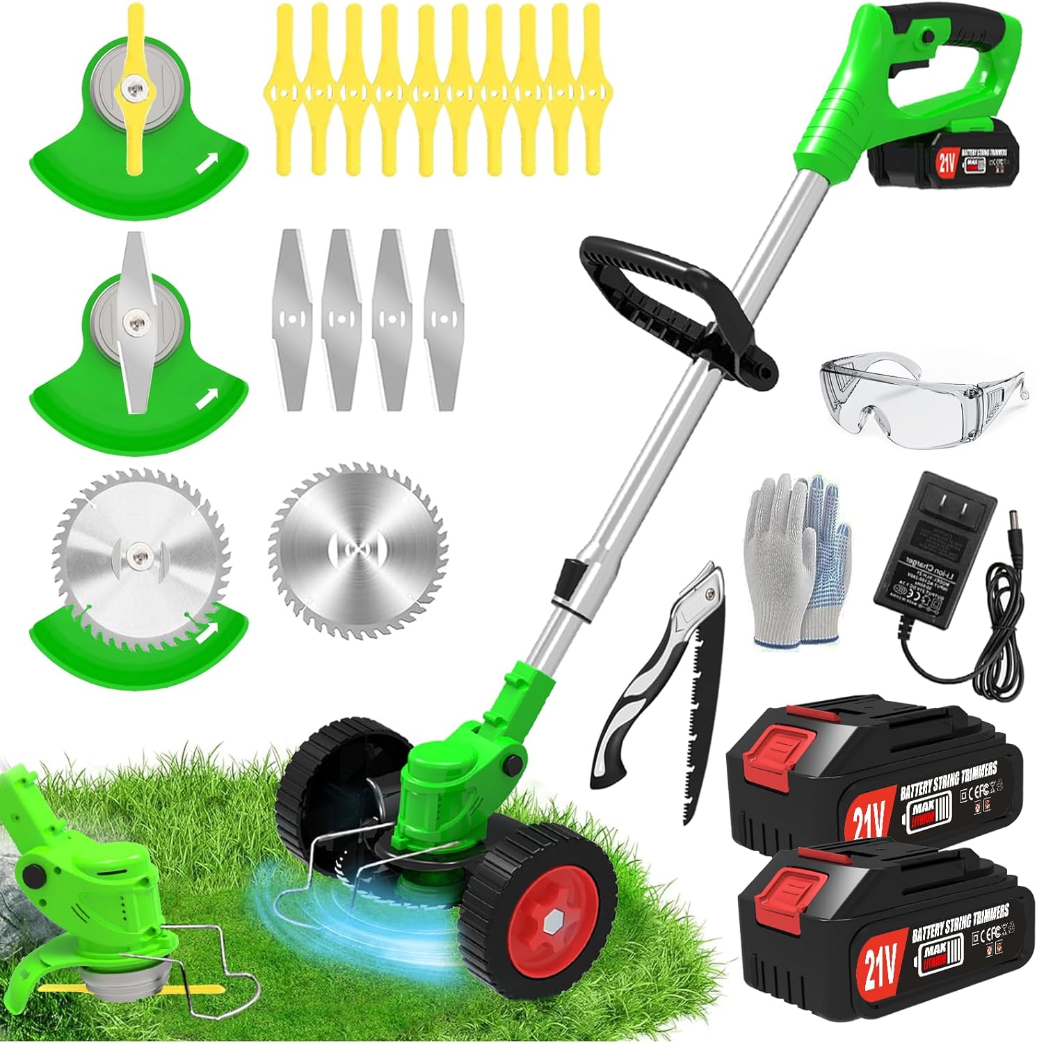 Weed Wacker Cordless Electric Eater Battery Powered, 21V Lightweight No-String Weed Trimmer with 2 Battery Operated & Wheels, 3 in 1 Stringless Grass Trimmer/Edger/Brush Cutter for Garden Yard Lawn