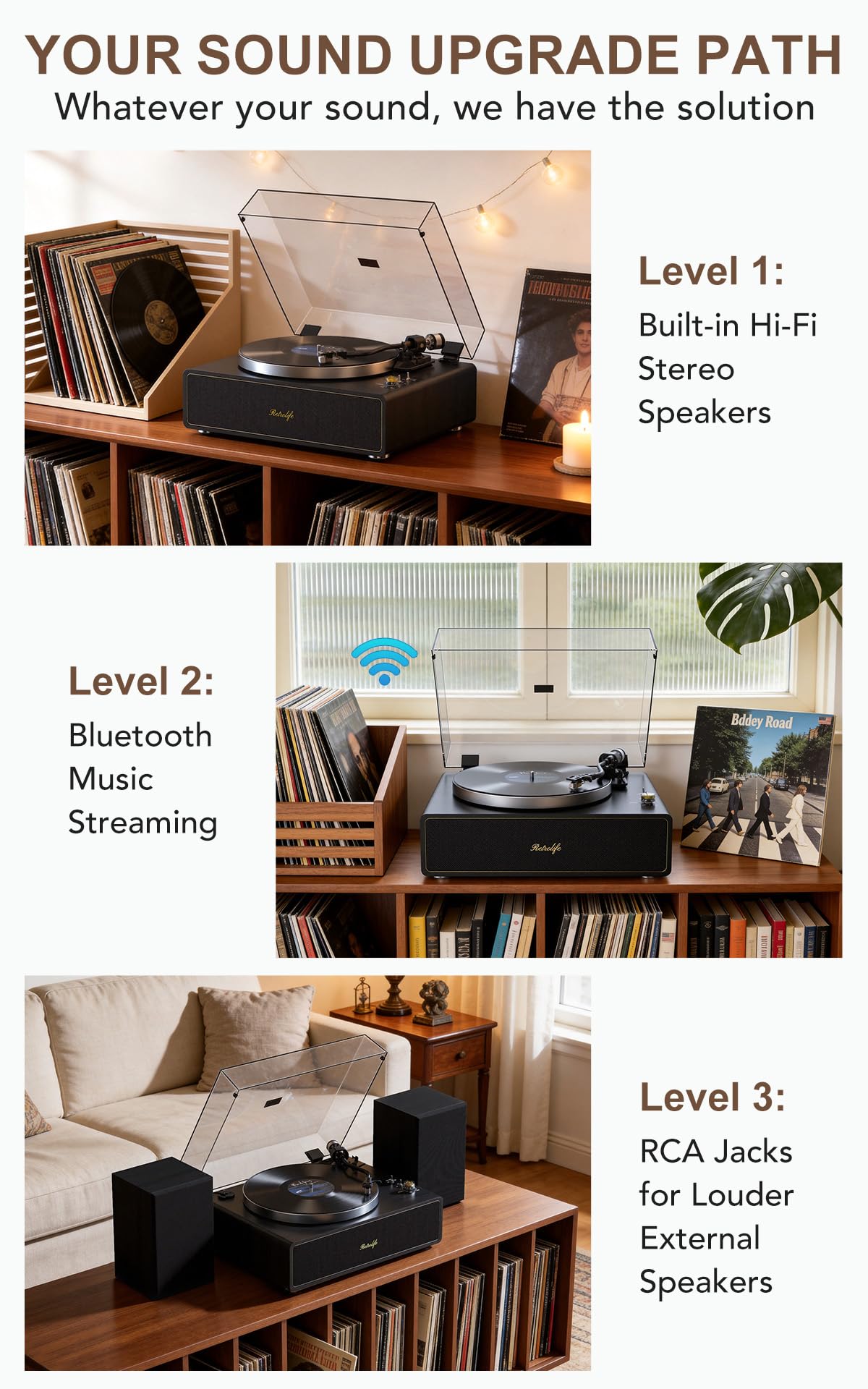 Tocadiscos de Vinilo con Altavoz estéreo HiFi Integrado, Tocadiscos Bluetooth 33/45 RPM Parada Automática/Salida RCA/Aux in Reproductor Vinilo