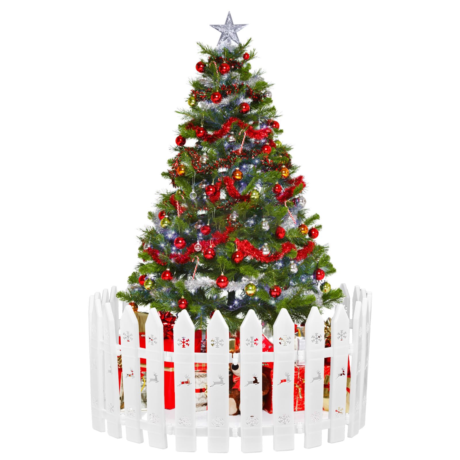 Christmas Tree Fence, 15 PCS Plastic White Picket Fence Panels 12 Inches Christmas Tree Guard Snowflake Reindeer Fences for Xmas Home Wedding Fairy Garden Party Decoration, 10x30cm