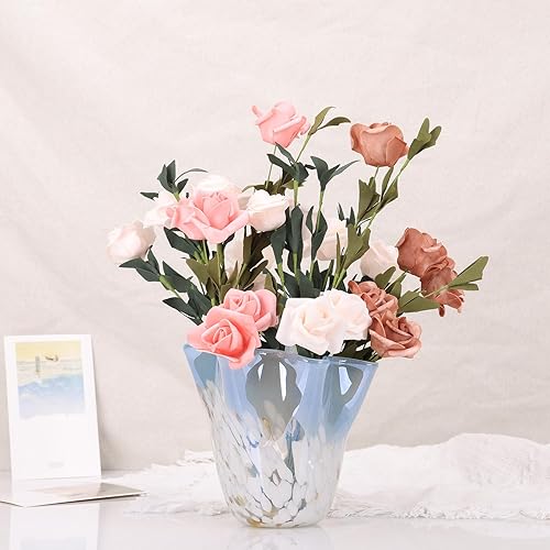 Miniatura 3 de Jarrón de vidrio soplado a mano, jarrón de vidrio único, jarrón de boca ancha de vidrio azul, jarrón de vidrio decorativo para sala de estar,