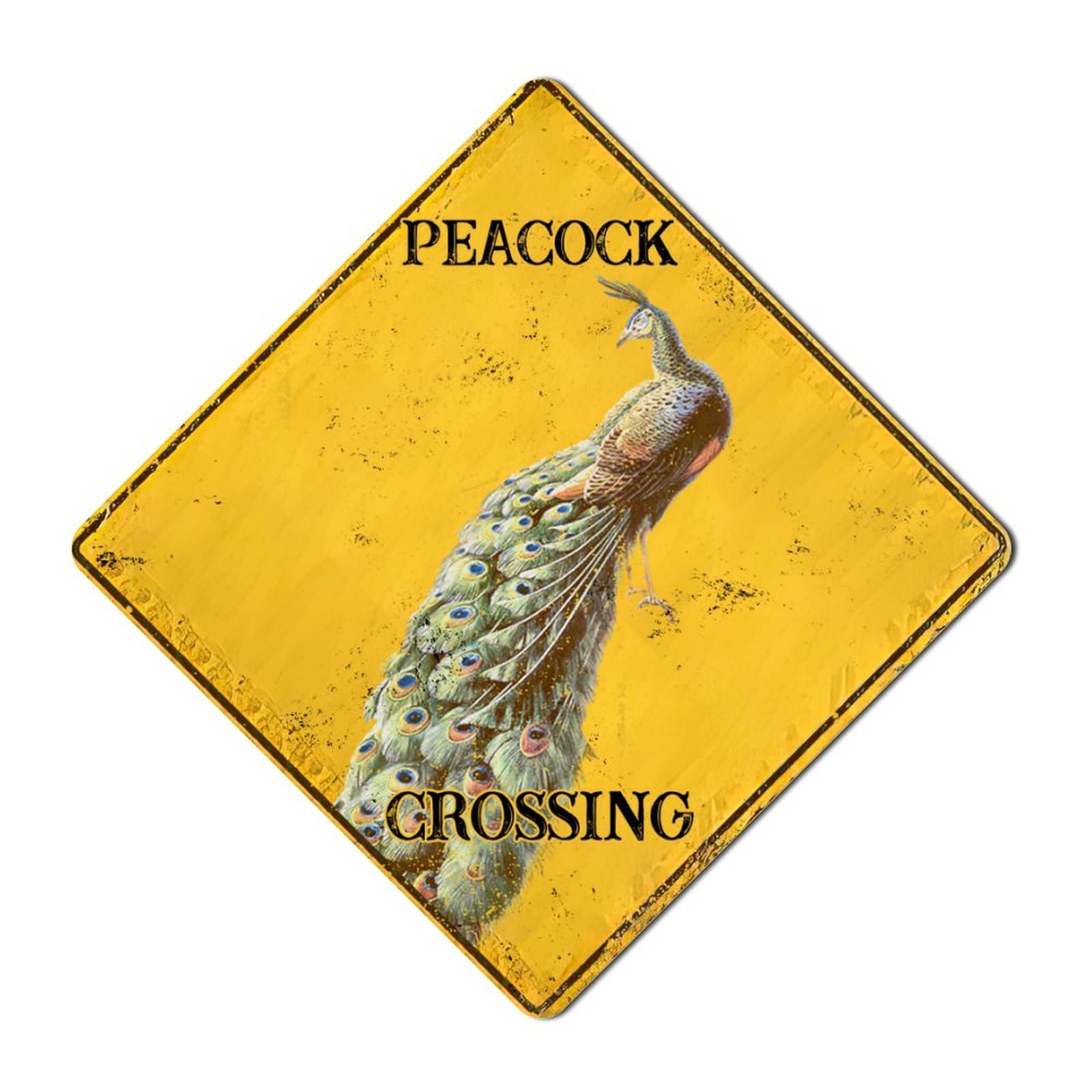 Caution Animal Xing Sign Peacock Crossing Warning Metal Sign 12x12 inch Novelty Aluminum Tin Sign Yellow Background Outdoor Indoor Use