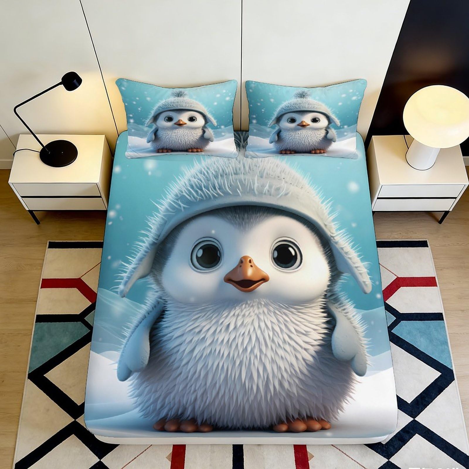 3D Printed Arctic Penguin Fitted Sheet Microfiber Deep Pocket Bedroom Set Full Wrap Non-Slip Penguin Mattress Fitted Cover for Adults Teens 160x200x25cm