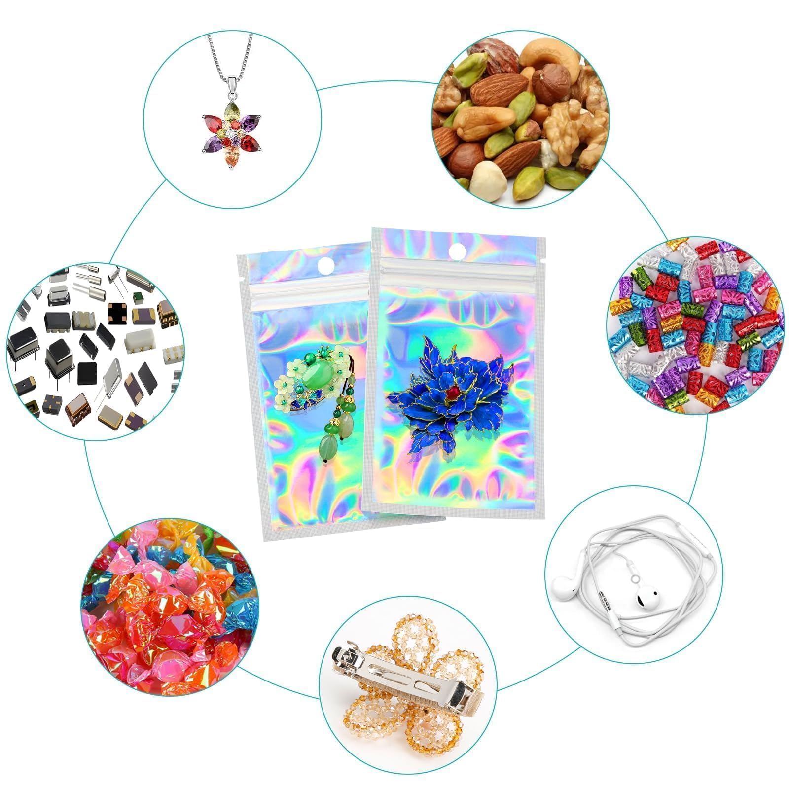 Baggys 60 stuks Mylar Bags kleine zakjes, foliezakjes, hersluitbare zakjes, 6 x 10 cm, holografische tas met transparant venster, druksluitingszakjes voor wimpers, sieraden