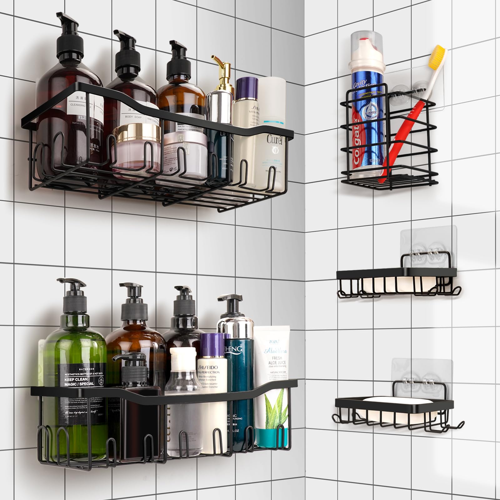 Kitims Shower Caddy 5 Pack, Hanging Home Decor Kitchen Self Adhesive Black Bathroom Organizers and Storage, Shower Shelves