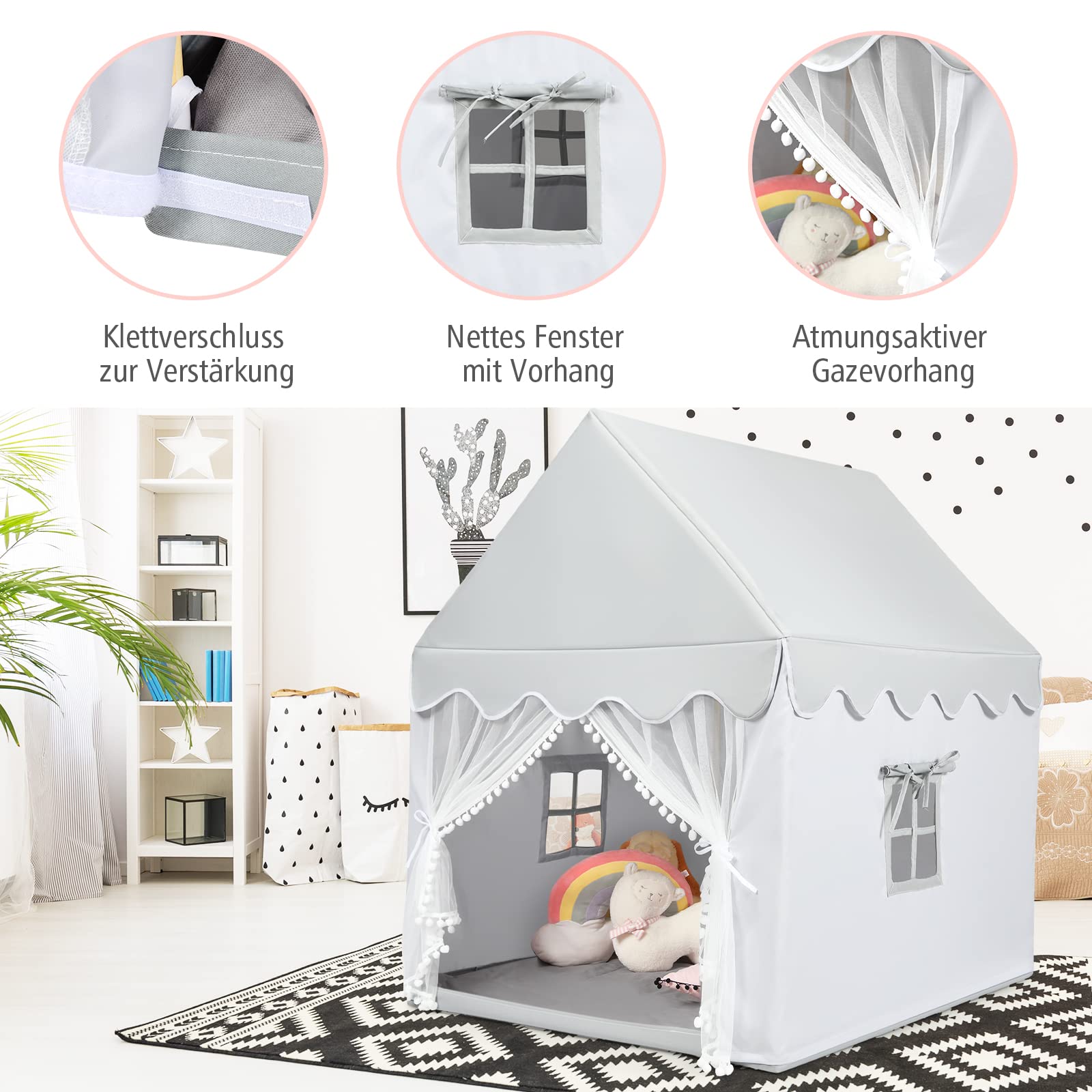 COSTWAY Kinderzelt Indoor, Kinderspielhaus für Jungen Mädchen Prinzess Prinzessin, Kinderspielzelt mit Massivholzrahmen & Baumwolldecke, Kinder Spielhaus für Drinnen, 120x105x140cm (Grau)
