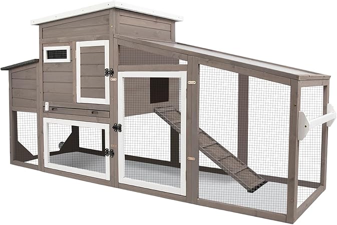 78" Wooden Chicken Coop with Nesting Wheels,Outdoor Mobile Hen House Poultry Pet House with Wheels,Removable Tray,UV Proof Asphalt Roof,Ramp Run for Backyard Garden(White/Grey)