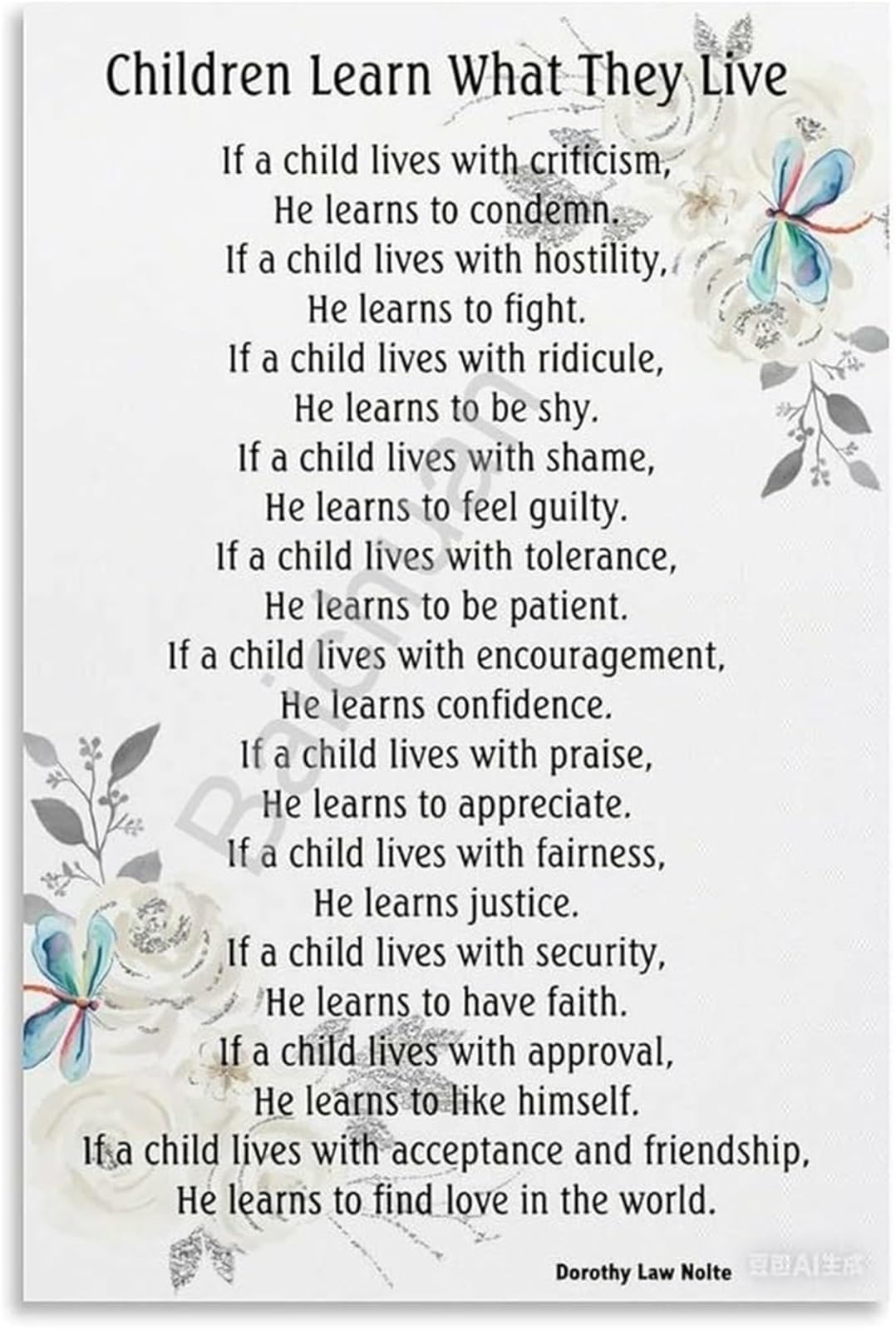 IDGTTLDF Sentimental Gift for Parents Learn What They Live Poem Quote on Canvas Poster Living Room Bedroom Wall Decor Framed,16x24inch(40x60cm)