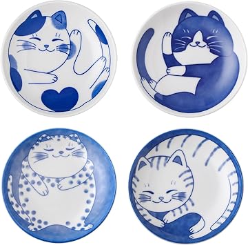 VanEnjoy Small Cute Ceramic Dishware Sets, Kawaii Cat Plates, Blue Shushi Plate Set Of 4, Japanese Plates, Dessert Plates Ceramic